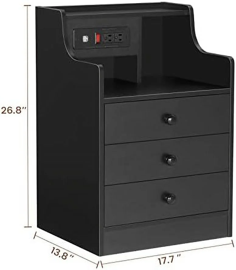 FDSHOIYN Nightstand with Charging Station  Night Stand with Hutch &  Drawers  End Table  Bedroom Grey