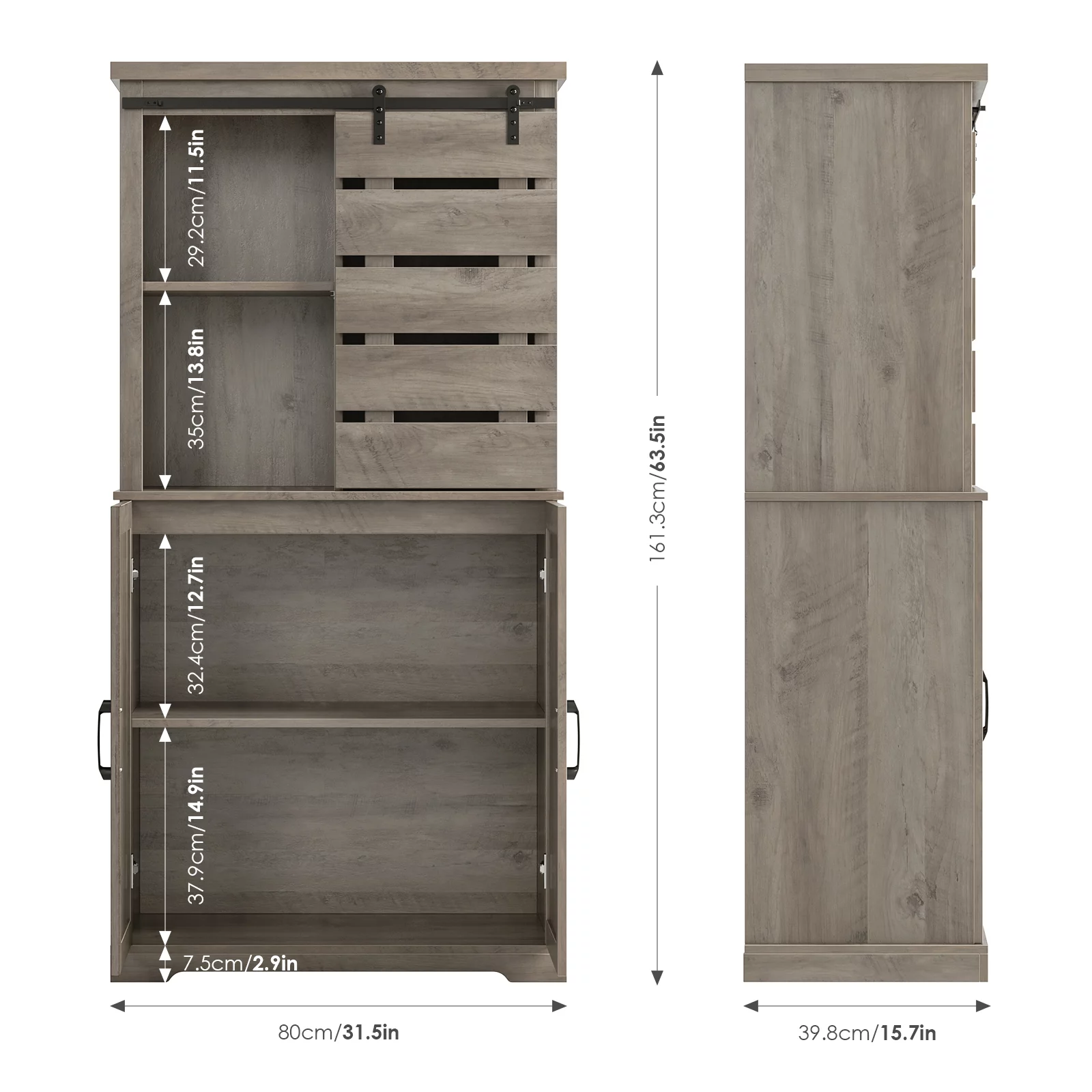 Homfa Farmhouse Pantry Storage Cabinet with Sliding Barn Door, Freestanding Kitchen Sideboard Buffet with Hutch, Gray