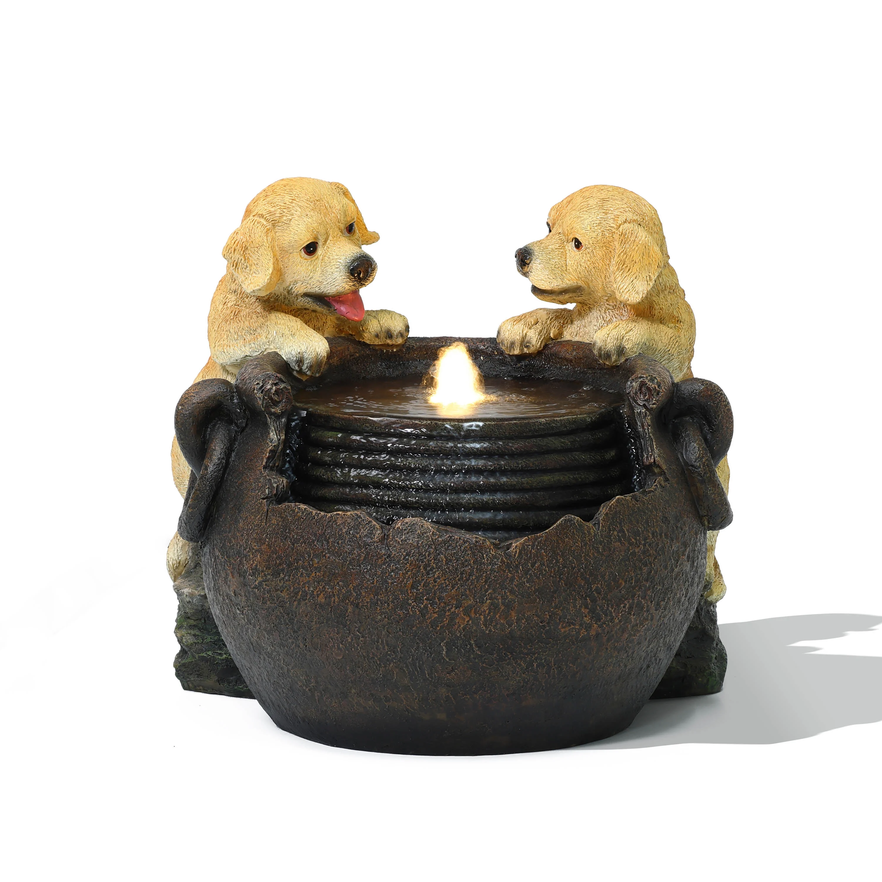 LuxenHome Puppy Love Farmhouse Resin Outdoor Fountain with Lights