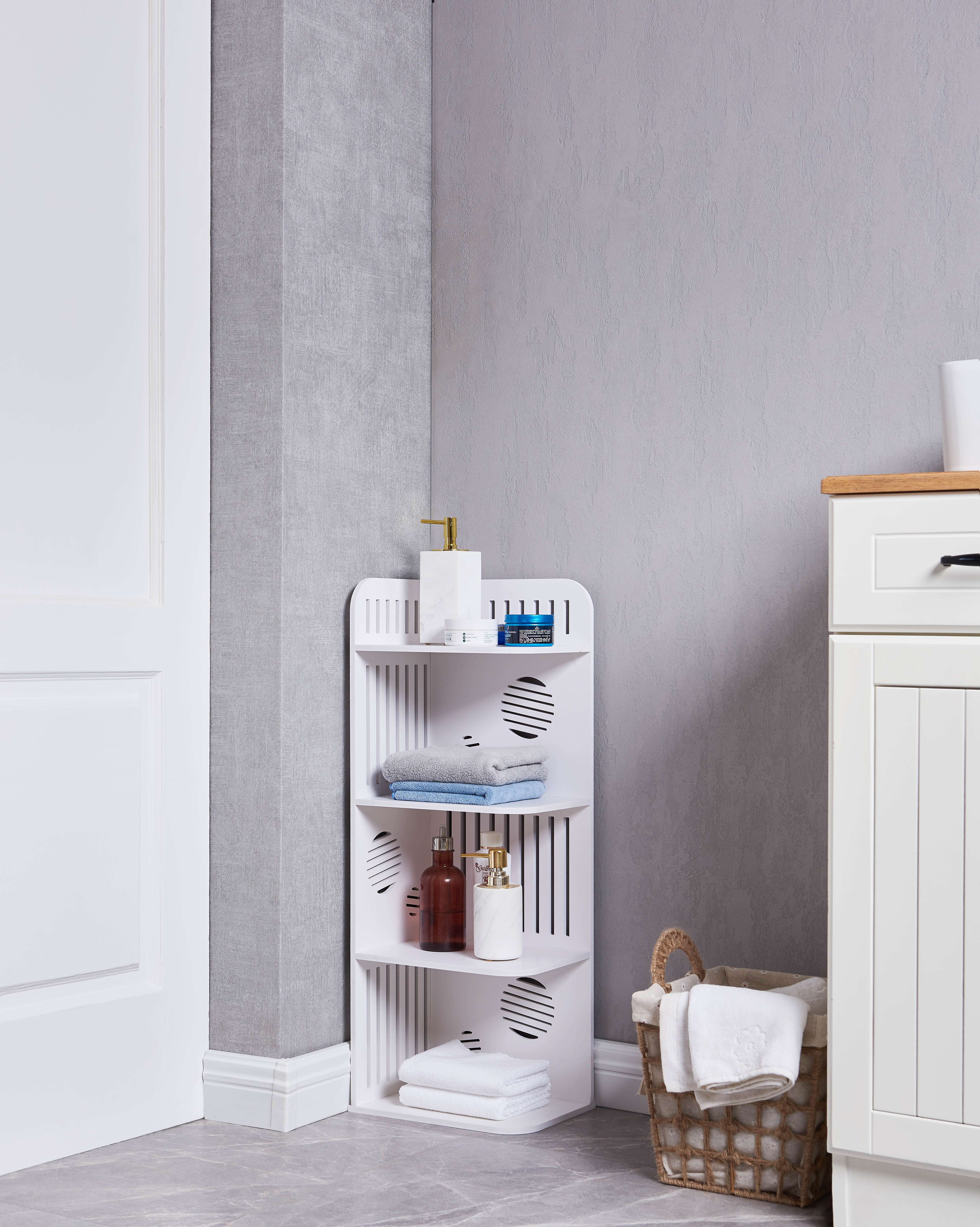 Kings Brand Furniture Basic Plastic Wood Corner Rectangular Storage Shelves for Bathroom Bedroom, 4 Shelves, White