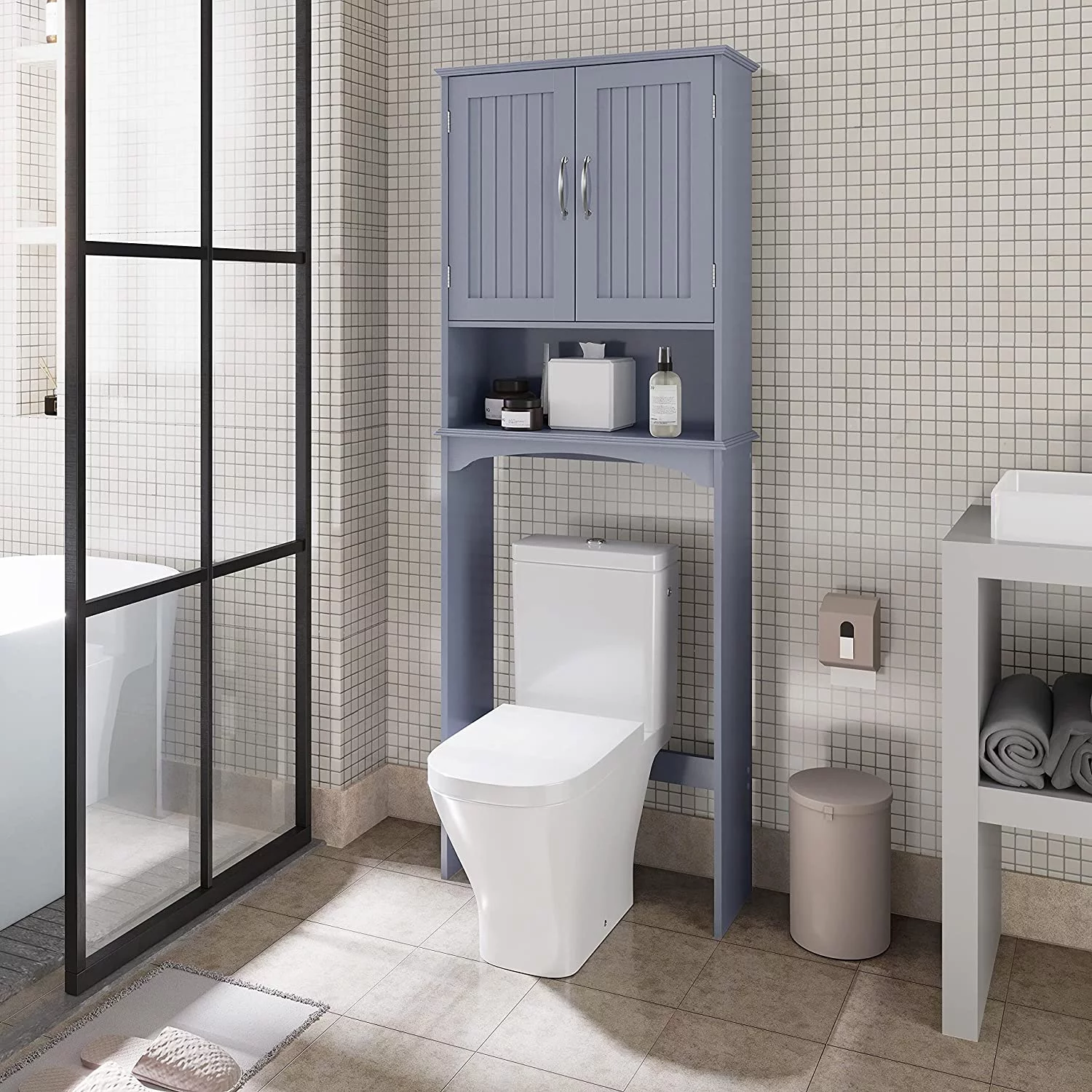 Space-Saving Grey Bathroom Cabinet: Free-Standing Over the Toilet Rack with Adjustable Shelf, 2 Doors - L24.5xW9xH66 Inches