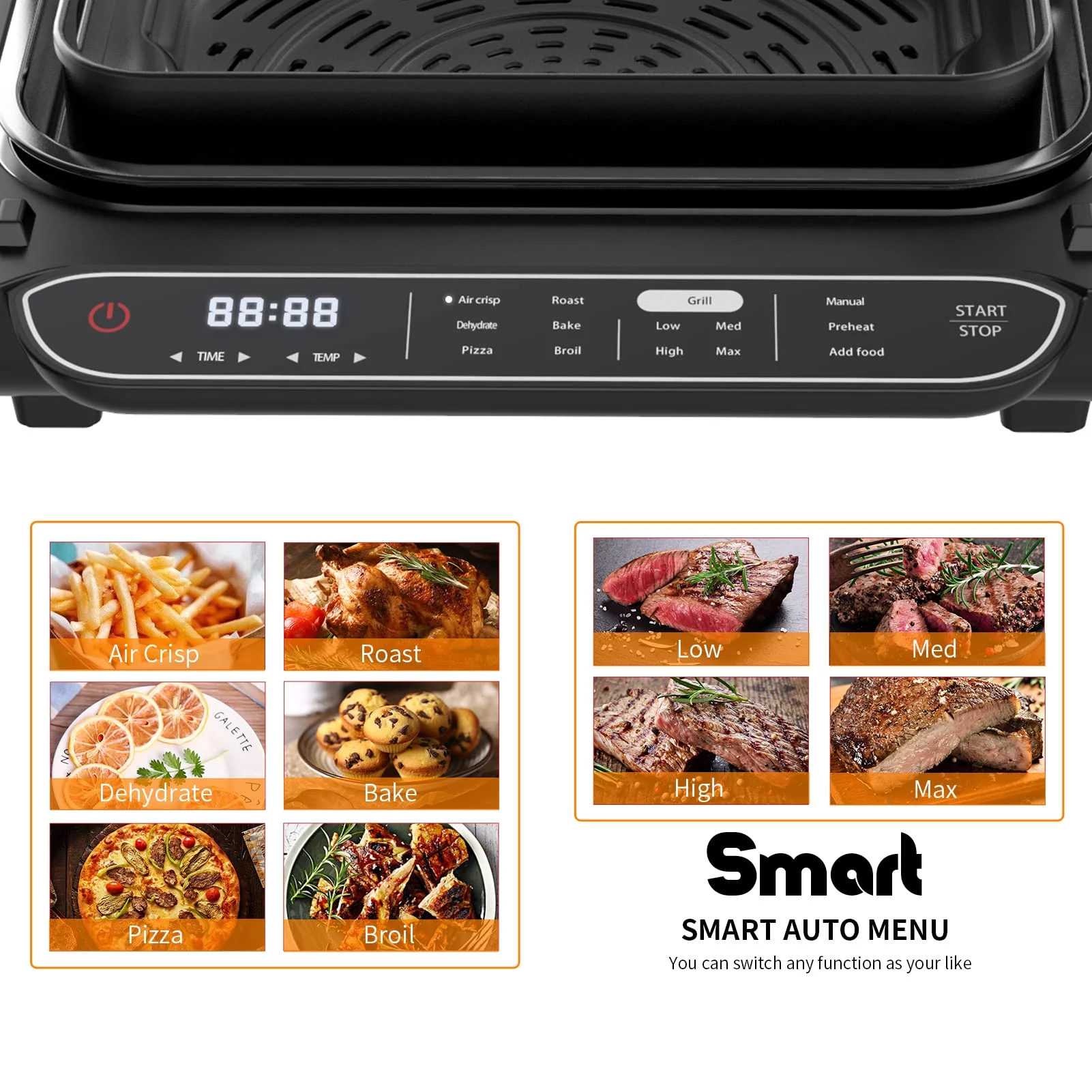 Geek Chef Smart Indoor XL Air Fryer Grill Combo,40 Recipes & 7-in-1 Cooking Functions, Smokeless & Oilless Cooker, Digital Electric Countertop Grill, Temp & Time Control, ETL Certified, 1700W, Black