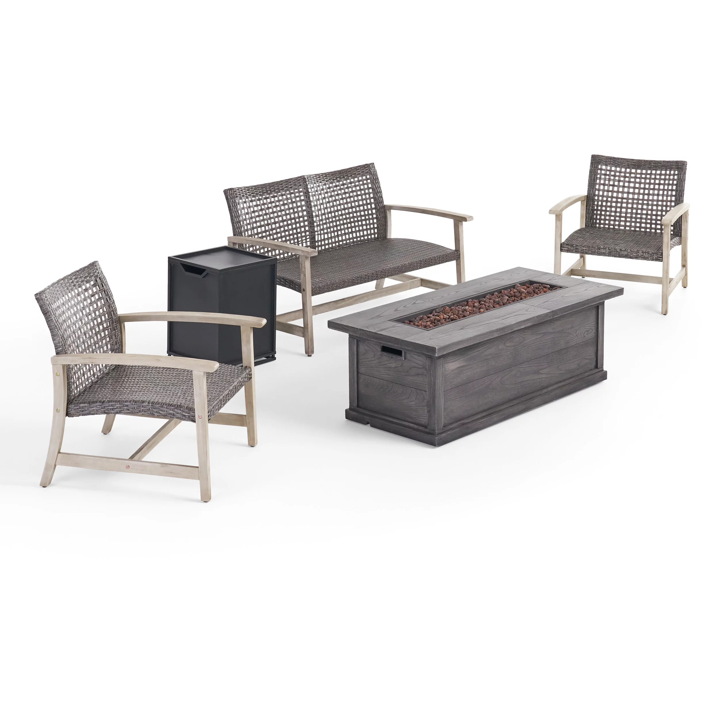 GDF Studio Rachel Outdoor 5 Piece Wood and Wicker Chat Set with Fire Pit, Mixed Black and Gray