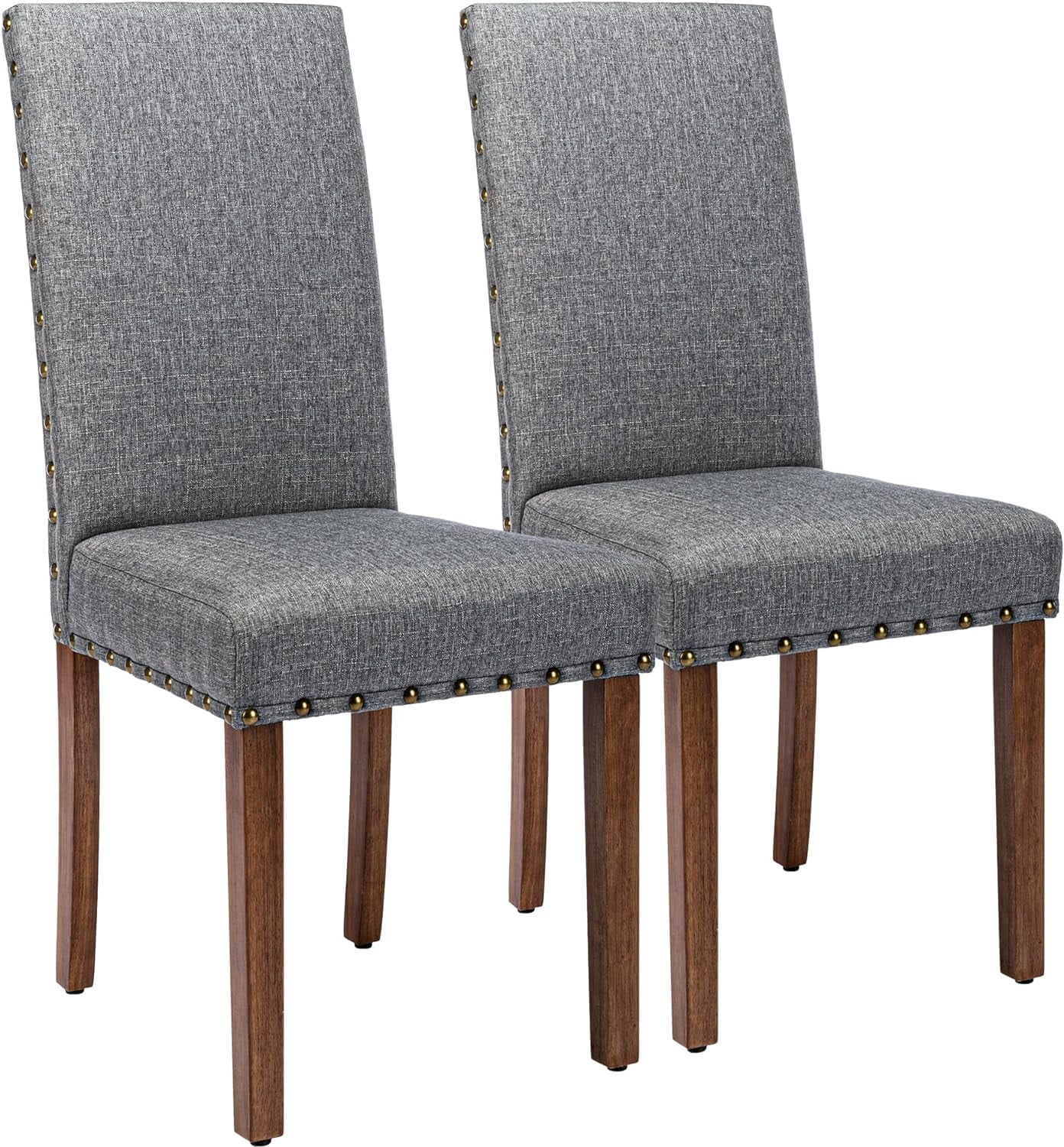 Upholstered Padded Dining Room Nailhead Trim and Solid Wood Legs Parsons Chair, Set of 2, Grey