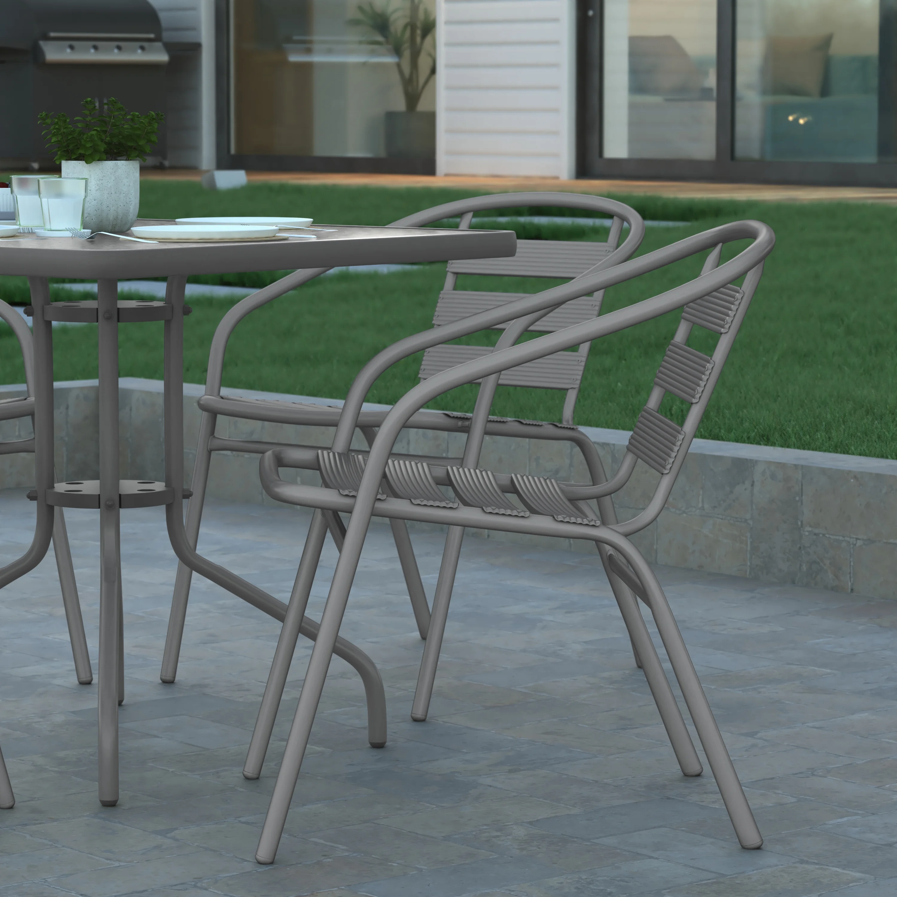 Emma + Oliver 31.5'' Square Glass Top Metal Table with 4 Silver Aluminum Slat Stack Chairs