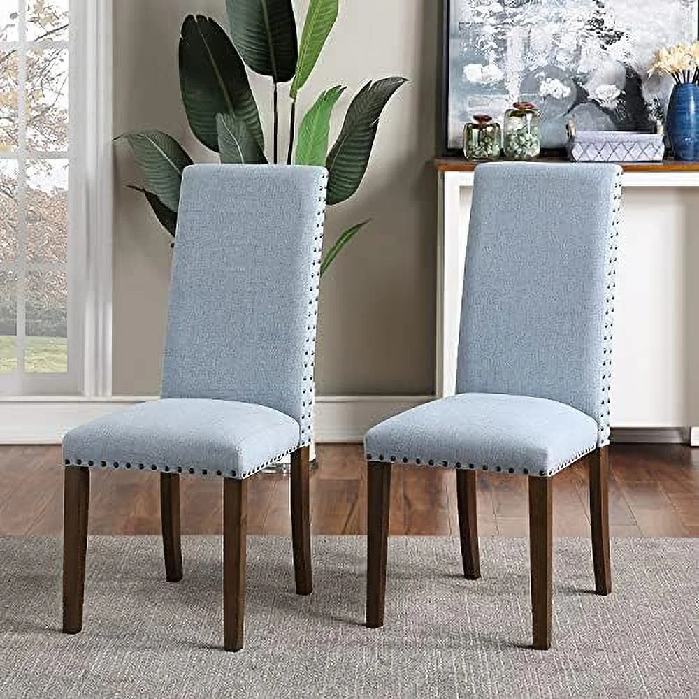 TJUNBOLIFE Dining Chairs   Dining Room Chairs  Fabric Padded Upholstered Side Chair with Solid Wood Legs & Nailed Trim (Blue+Brown  )