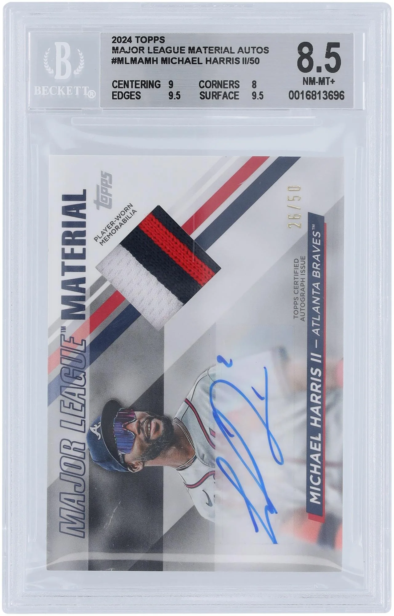 Michael Harris Jr. Atlanta Braves Autographed 2024 Topps Series One 3 Color Relic #MLMA-MH #206/50 BGS Authenticated 8.5 Card - 9,8,9.5,9.5 Subgrades - Fanatics Authentic Certified