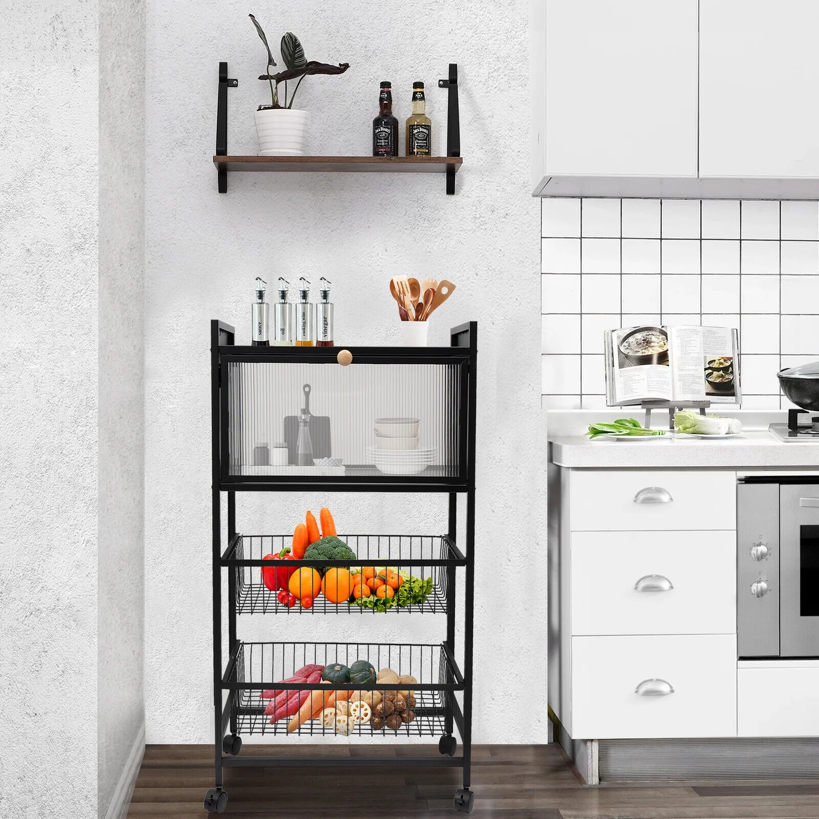 4-Tier Microwave Rack Bread Storage Kitchen Organizer Shelf W/ Brakeable Casters