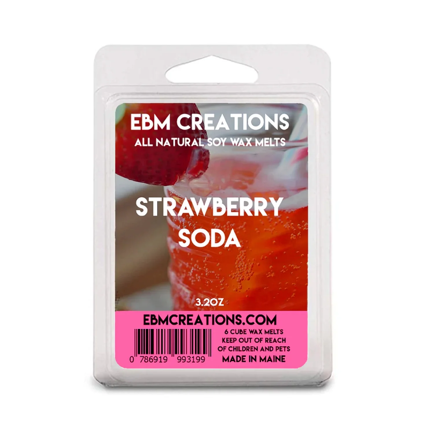 Strawberry Soda Scented Soy Wax Melts, EBM Creations, 6 Cube 3.2oz Clamshell Highly Scented!