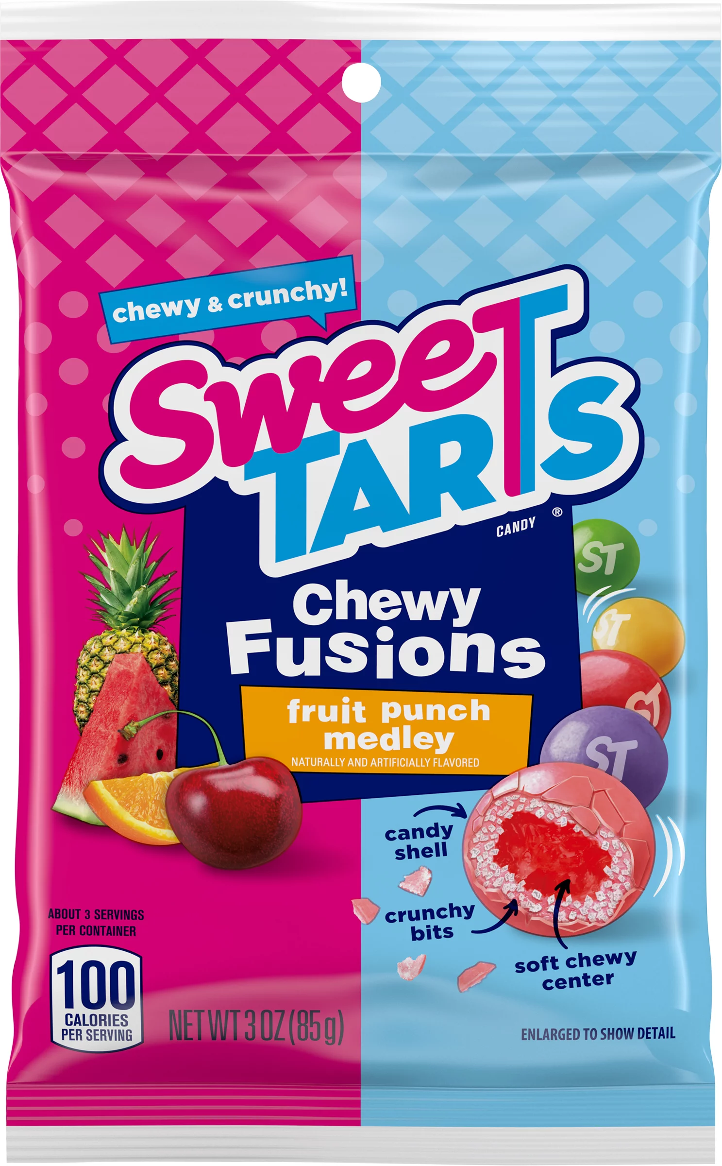 Two 3 oz Mini Single Serve Bag Sweetarts Chewy Fusions Fruit Punch Medley-Candy Shell, Crunchy Bits and Soft Chewy Center,