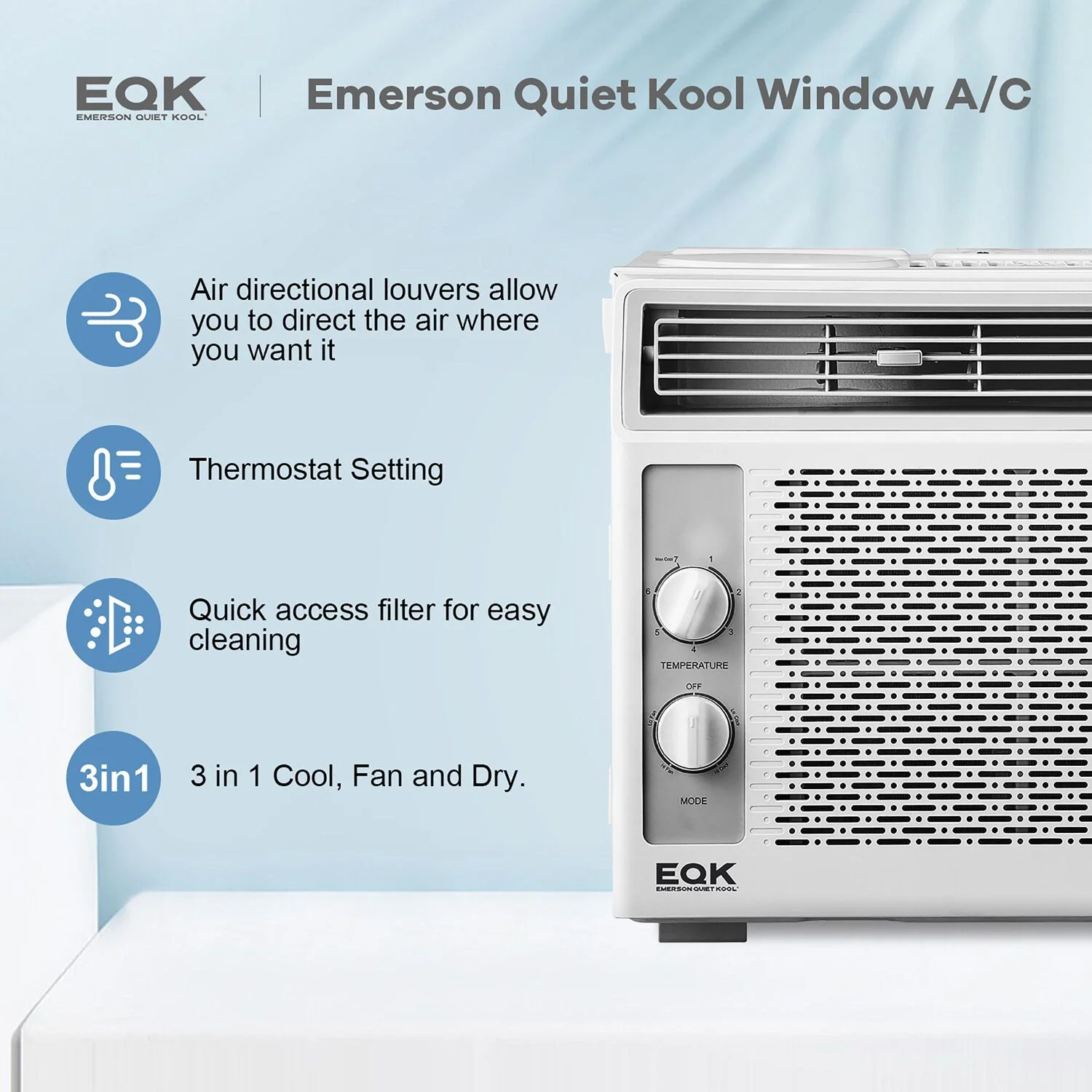 Emerson Quiet Kool 5,000 BTU 115V Window Air Conditioner with Mechanical Rotary Controls | Cools Rooms up to 150 Sq. Ft. | Quiet Operation | Auto-Restart | Washable Filter