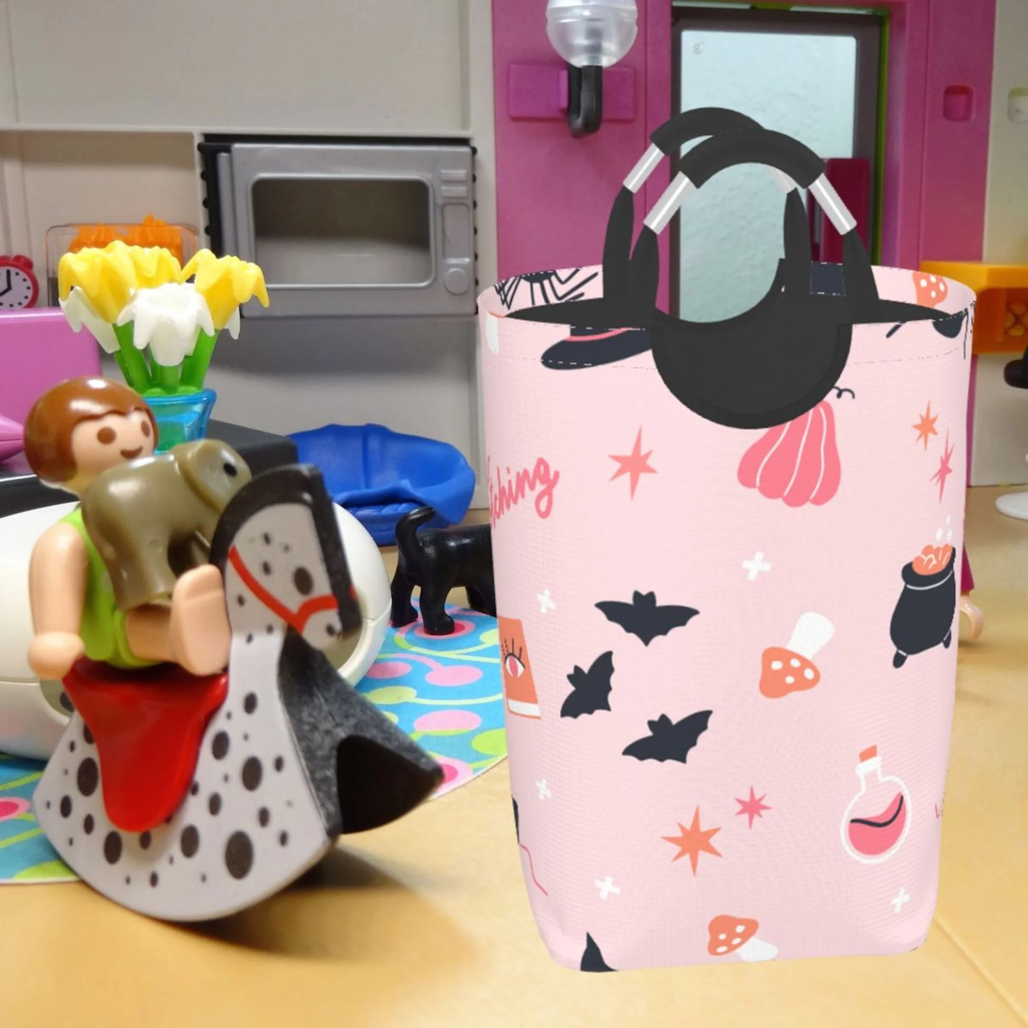 TEQUAN 50L Large Rectangular Laundry Hamper with Aluminum Handles, Pink Witch Hat Bat Pumpkin Prints Waterproof Foldable Dirty Clothes Basket