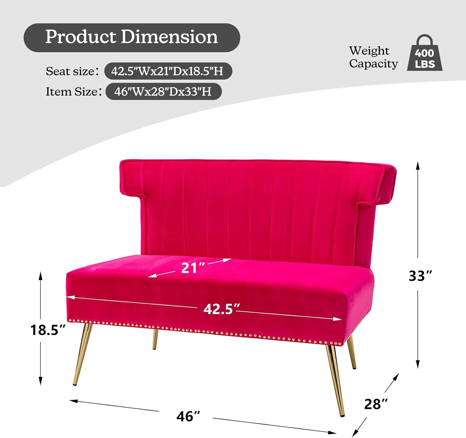 Velvet Upholstered Loveseat Sofa Armless, Modern Loveseat Couch With Golden Metal Legs, Living Room Tufted Velvet 2 Seater Sofa Chairs For Apartment Small Spaces（Fuchsia）