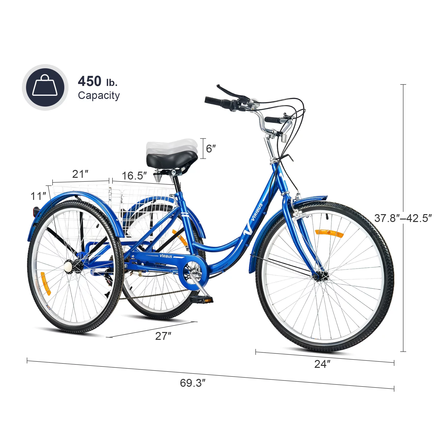 Viribus 24 Inch Adult Tricycle 7 Speed 3 Wheel Cruiser Bike Trike w Rear Basket, Blue