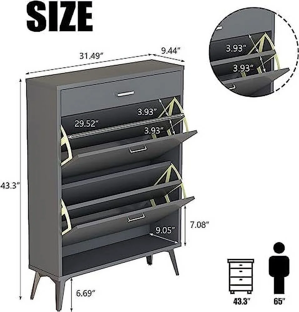 CDJXNLY Shoe Cabinet with 2 Flip Drawers  Wooden Freestanding Shoes  Cabinet for Entryway Narrow Slim Shoe Rack Organizer with 1 Slide Drawer (White)