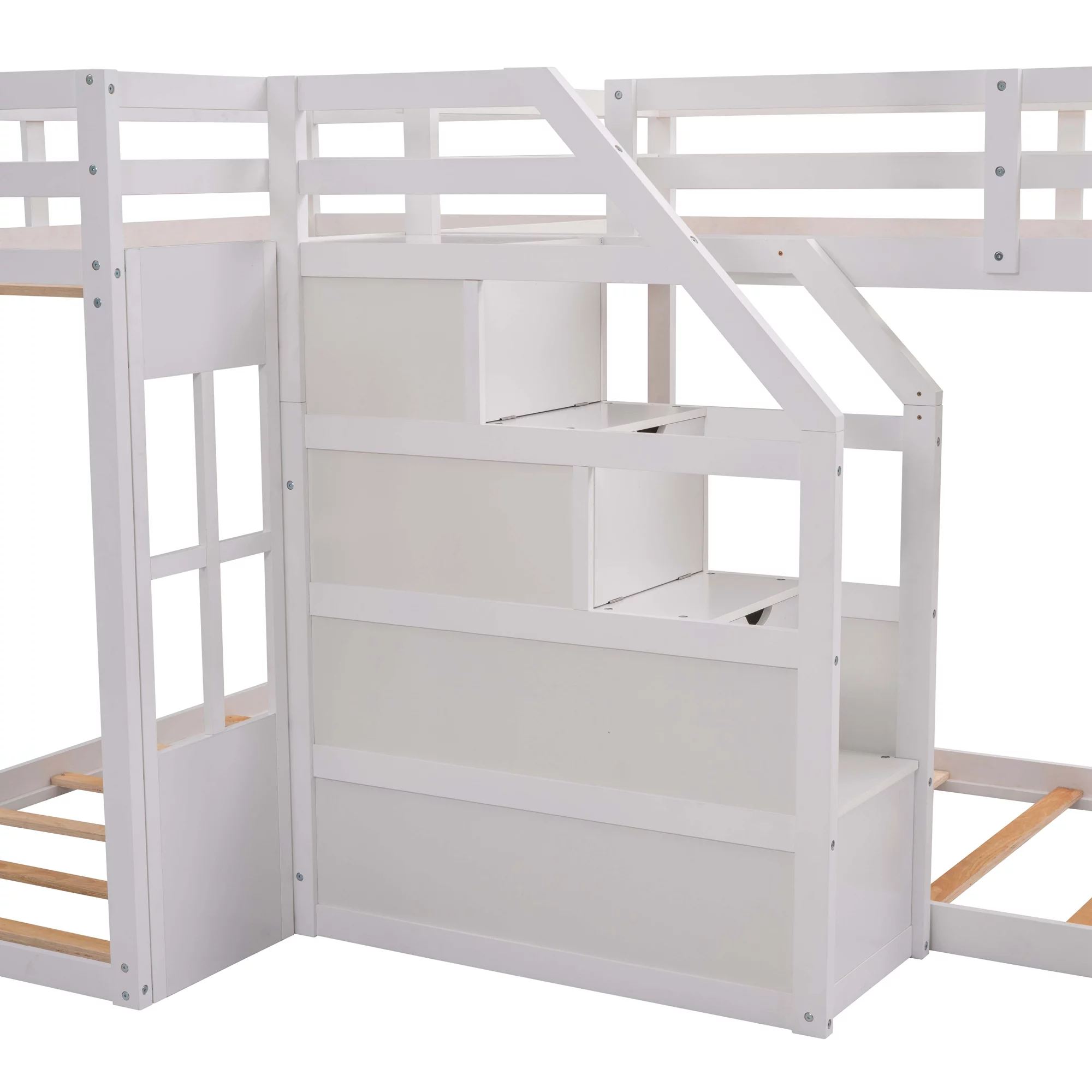 EUROCO Twin over Twin L-Shaped Bunk Bed with Middle Staircase, White