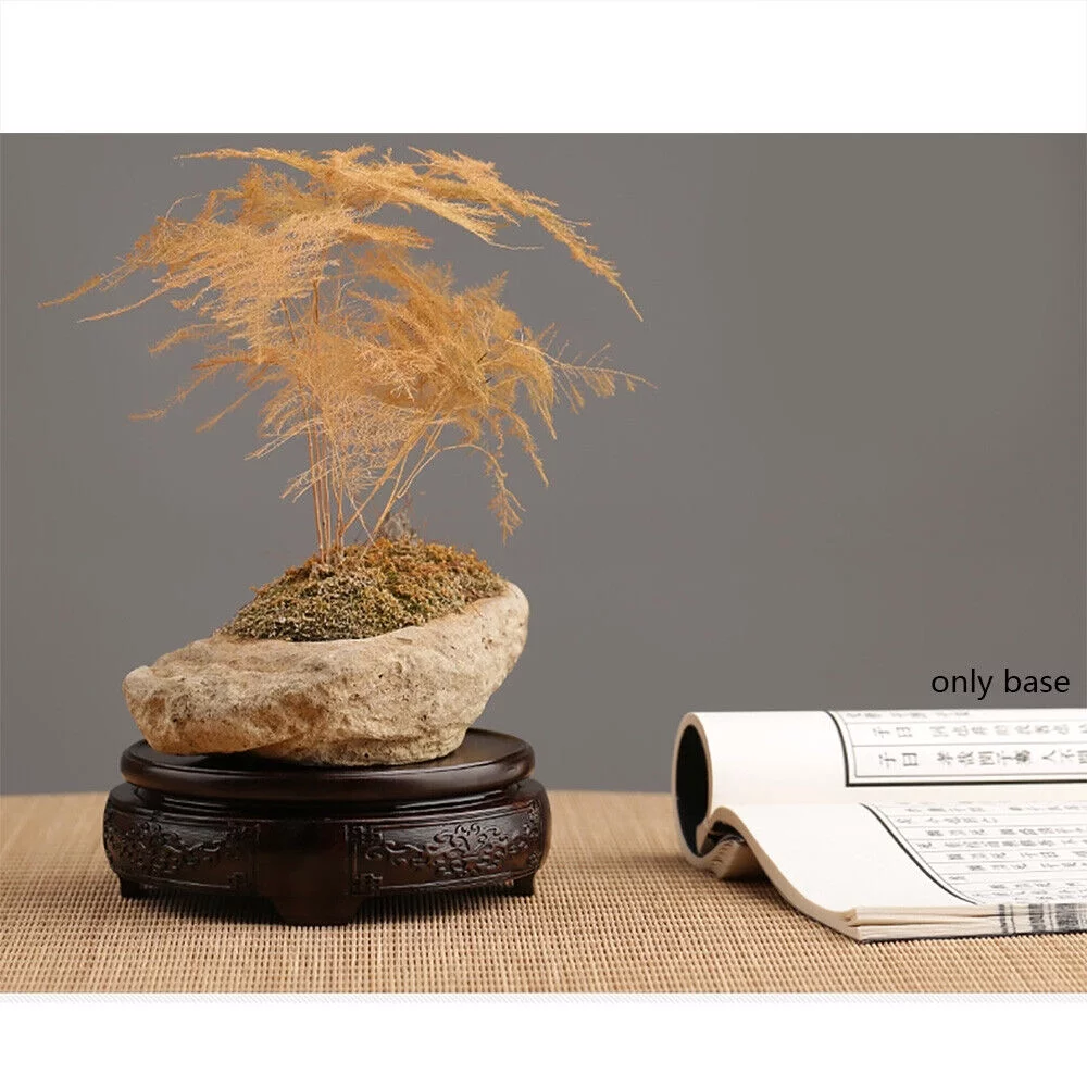 Carved Wood Fishbowl Stand Bonsai Stone Vase Flower Pot Rack Round Display Base