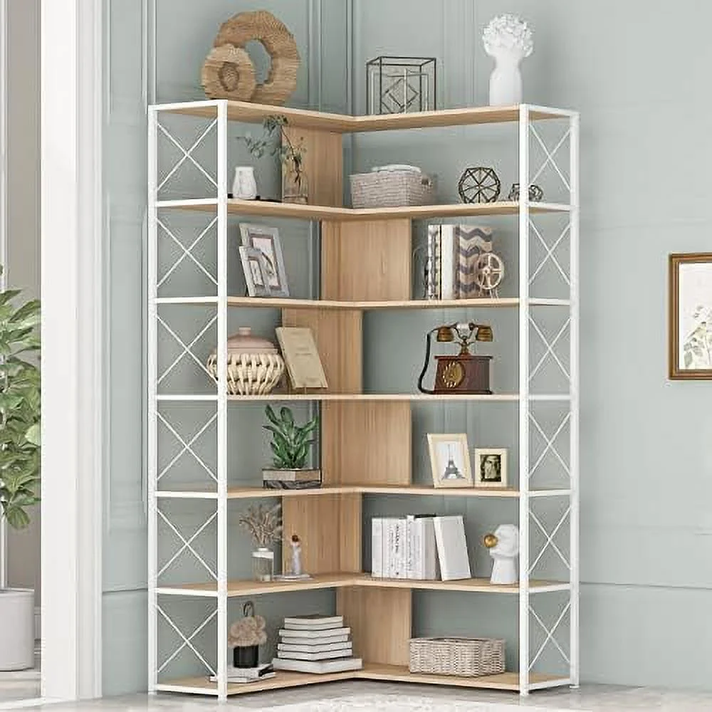 TJUNBOLIFE 7-Tier Corner Bookshelves  L-Shaped Modern Display Bookcase  Tall Standing  Book  with Metal Frame for Living Room Bedroom Office  White