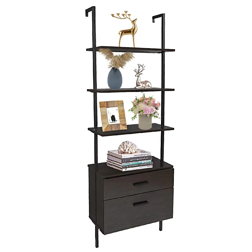 Wall Mounted Ladder Shelf with Drawers, 4 Tier Ladder Bookshelf with Metal Frame and Wood Shelf, Vintage Learning Bookcase for Living Room, Bedroom, Office (23.6