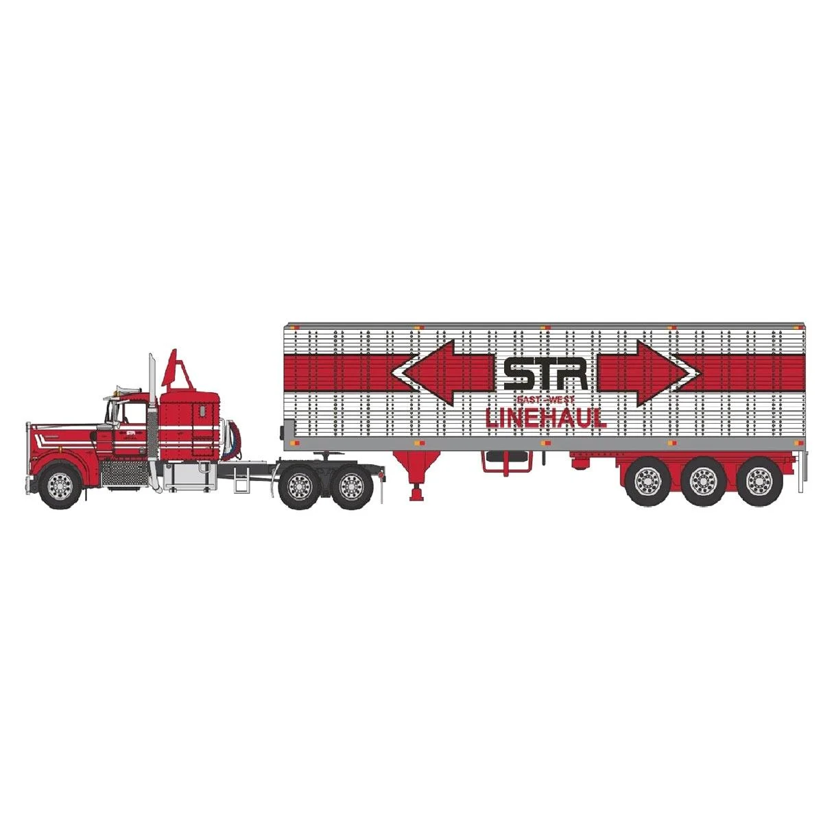 First Gear DCP 1/64 Red & White Kenworth W900A w/ 40' Tri-axle Dry Van, STR East-West Linehaul 60-1332