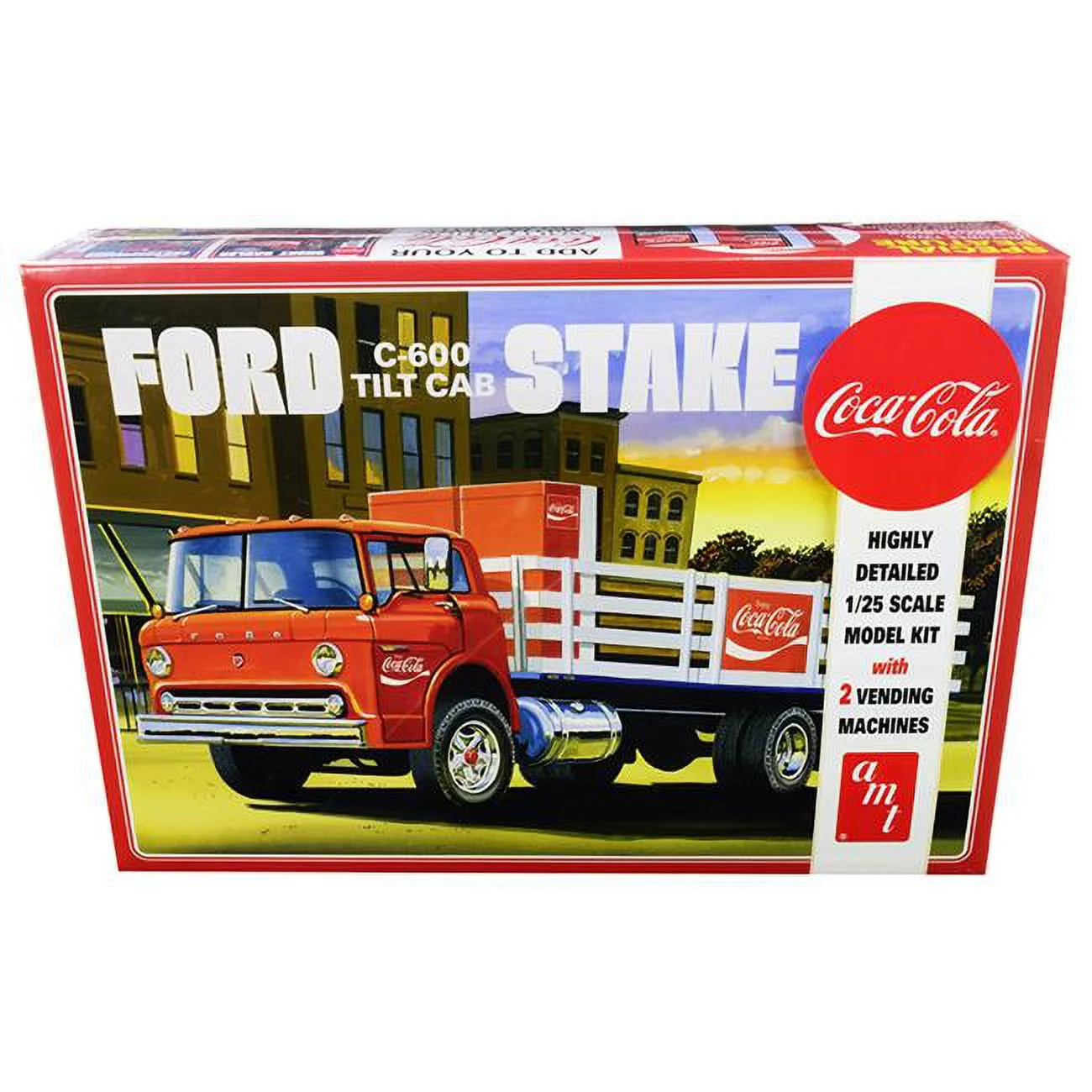 AMT  Skill 3 Model Kit Ford C600 Stake Bed Truck with Two Coca-Cola Vending Machines 1 by 25 Scale Model