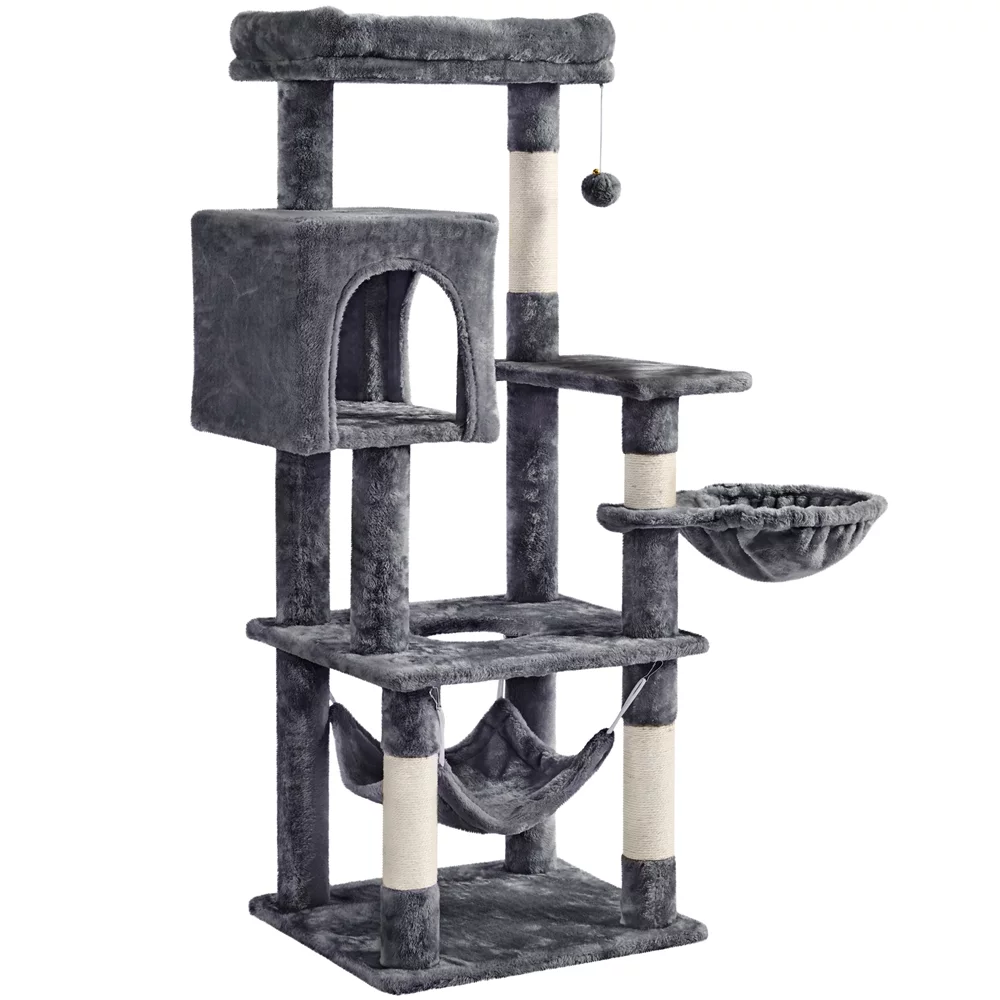 Easyfashion Multilevel Medium Plush Cat Tree Tower with Scratching Post for Kittens, Dark Gray