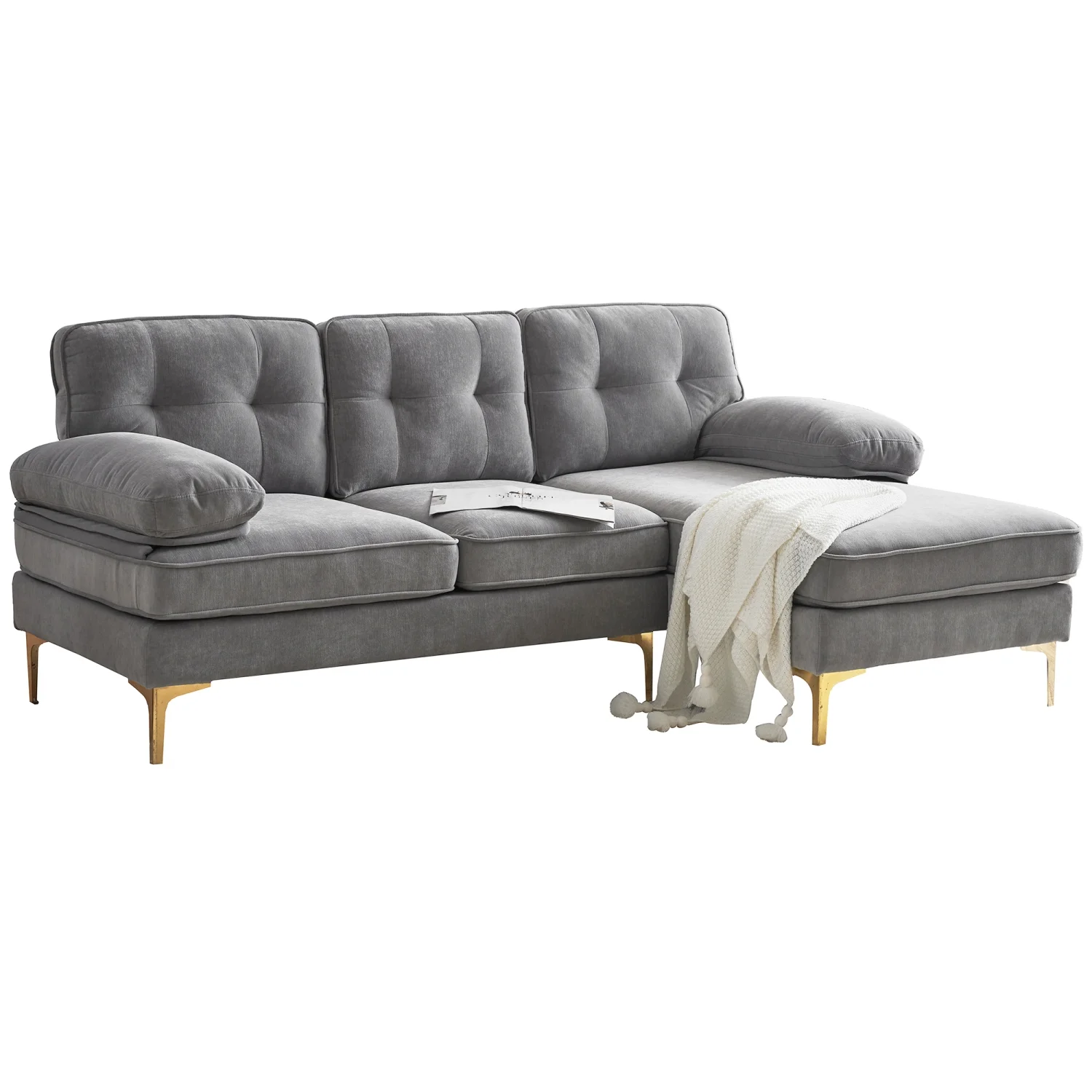 Elegant and Luxurious Modern Light Grey Velvet L-Shaped Sectional Sofas Couches - Perfect Addition to Your Living Room and Bedroom - 83 Inches in Length