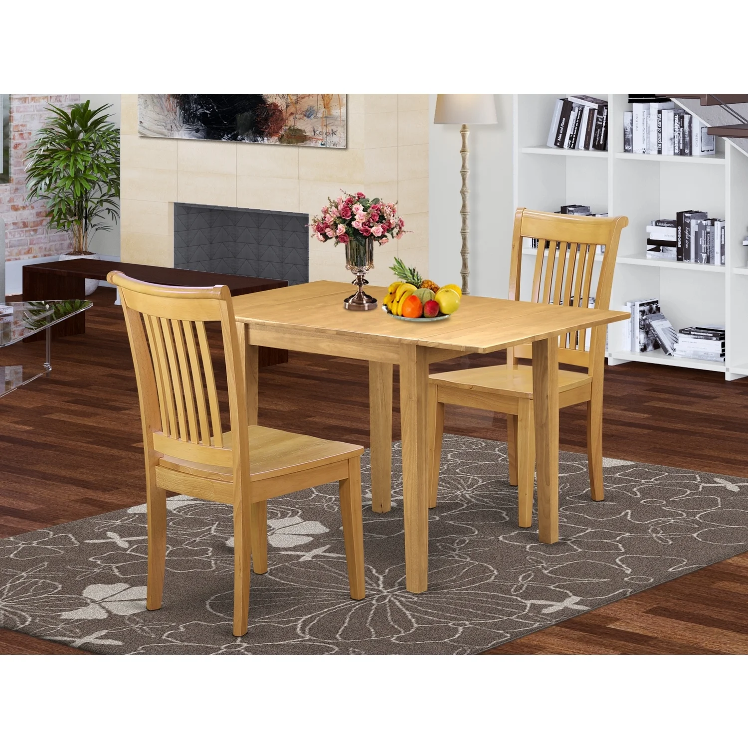 HomeStock Retro Renaissance 3Pc Wood Dining Table Set Consists Of A Kitchen Table And 2 Dinette Chairs With Solid Wood Seat And Slat Back, Oak Finish