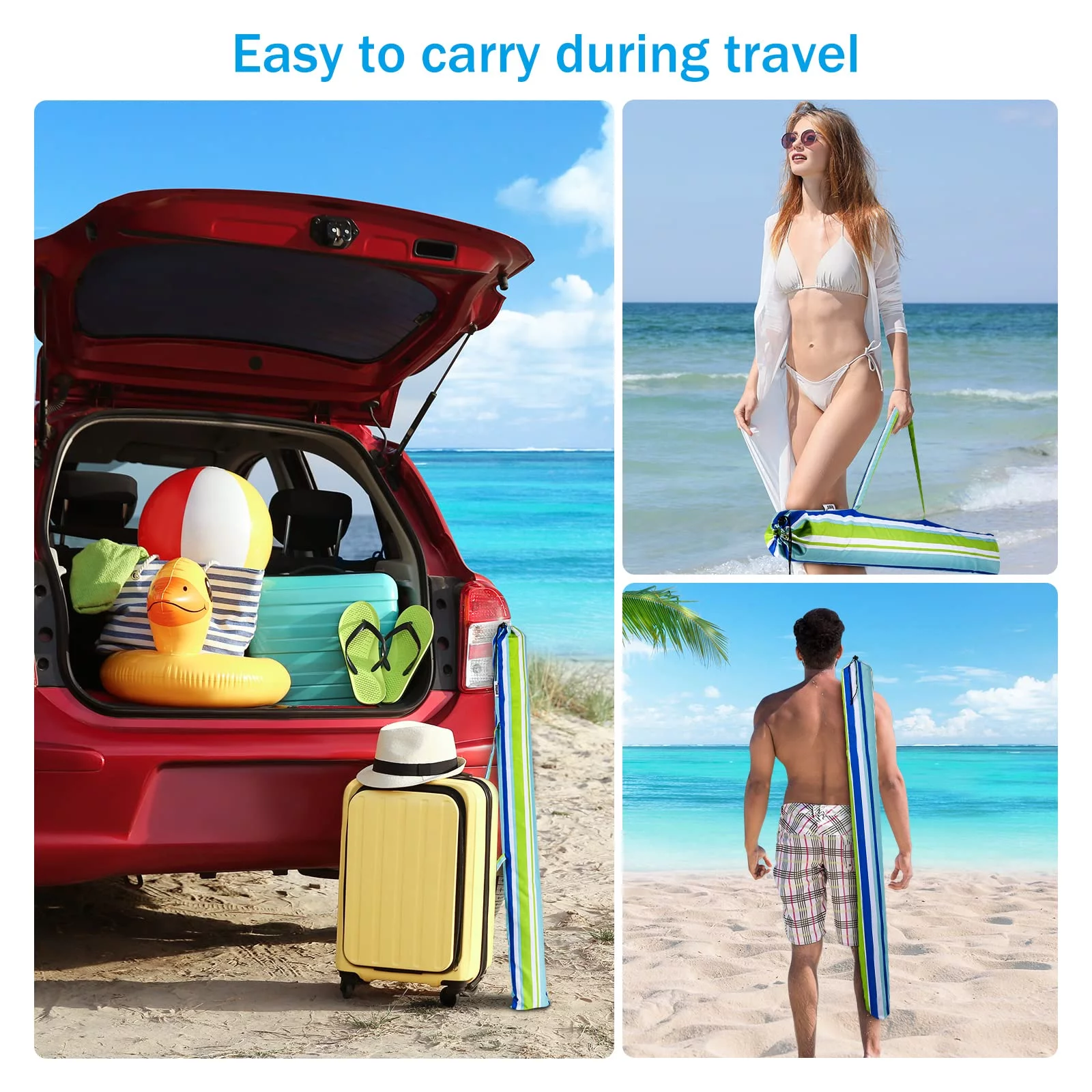 7 ft Beach Umbrella for Sand with Tilt/Sand Anchor/Carry Bag/, Stripe Blue and Green,UV 50+ UPF 100+