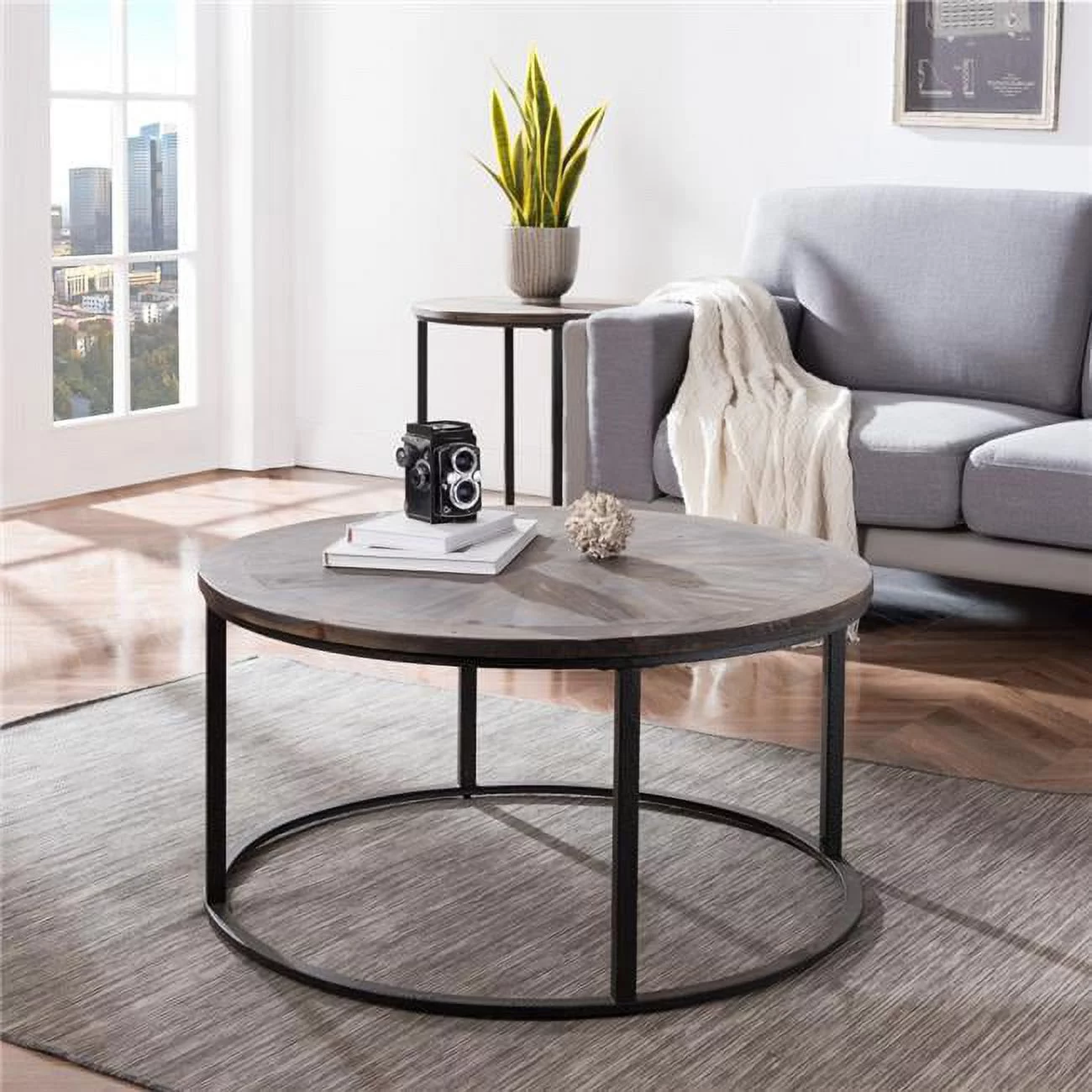 HomeRoots 402119 36 in. Reclaimed Wood & Metal Round Coffee Table, Natural & Brown