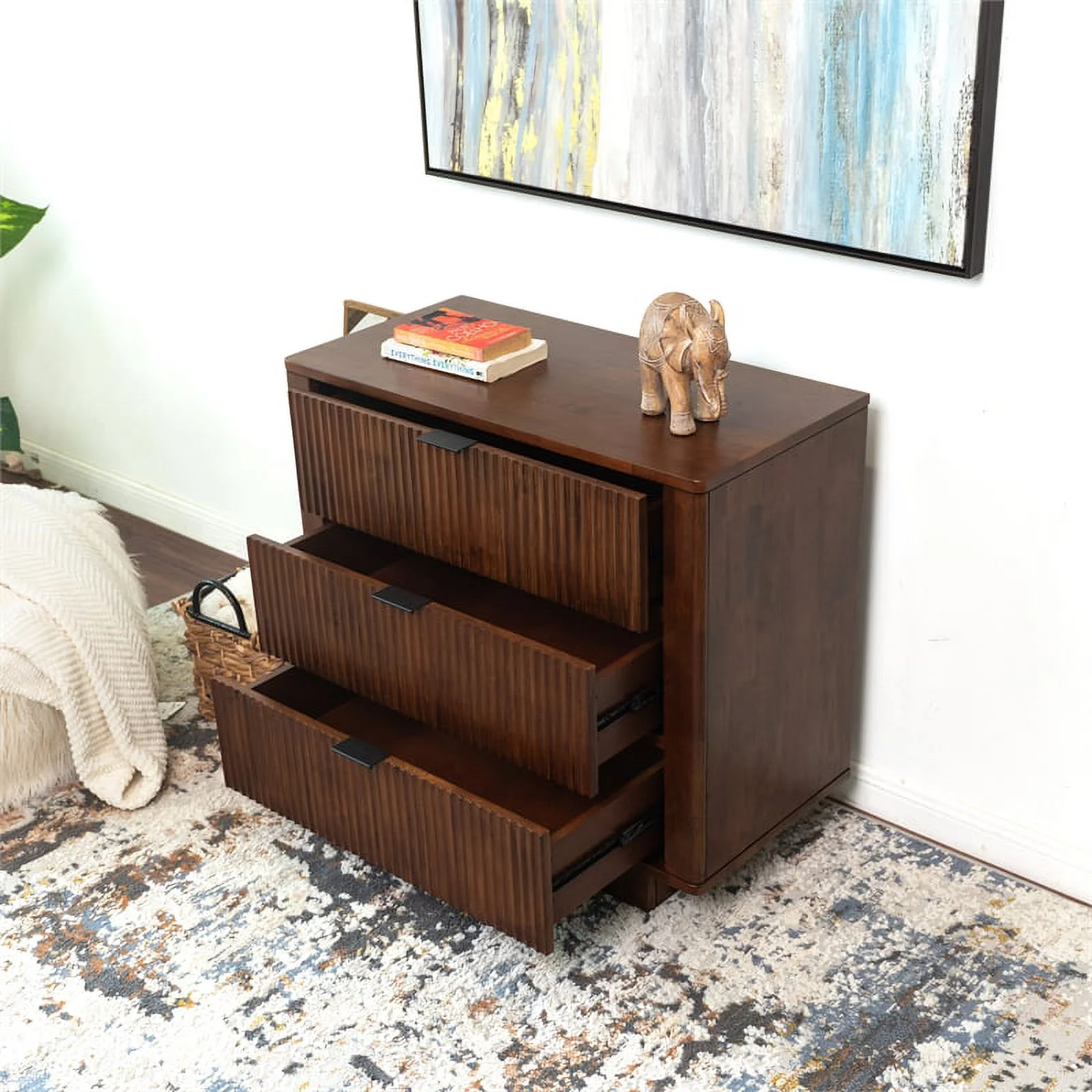 Carla Mid Century Modern Solid Wood Walnut Nightstand with 3 Drawers