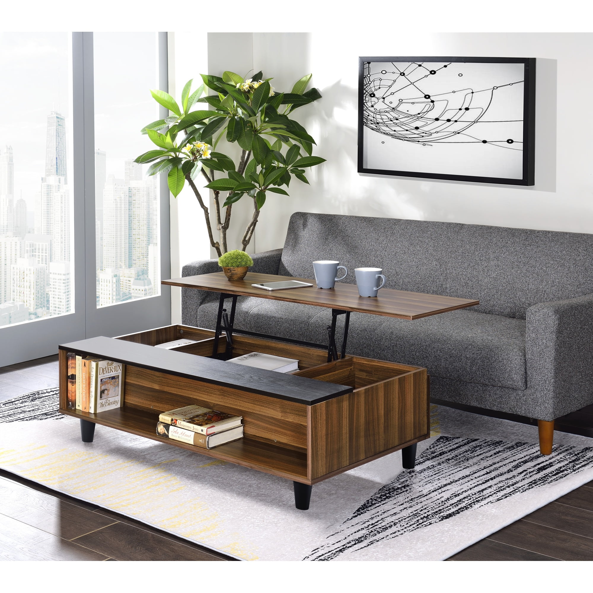 Miekor Furniture Avala Coffee Table W/Lift Top, Walnut & Black