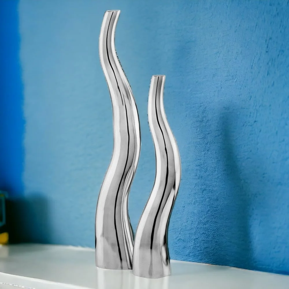 6586 Curva Tall Wiggly Vases Set Of 2, Silver, Aluminum, Contemporary, Modern, Popular, Glam, Floor Standing, Large 6