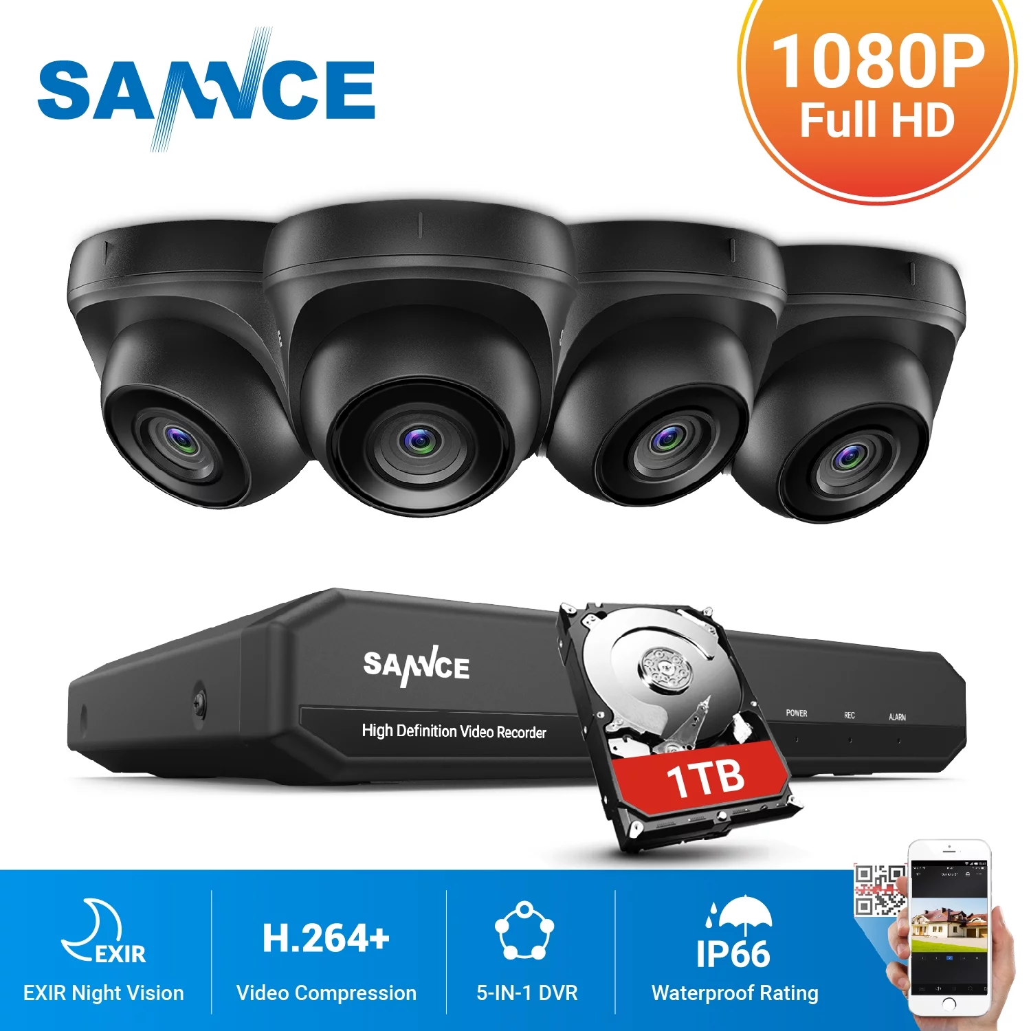 SANNCE 8CH DVR CCTV System 4PCS 2MP IP66 Waterproof Outdoor Security Dome Cameras CCTV Surveillance Kit with 1T HDD