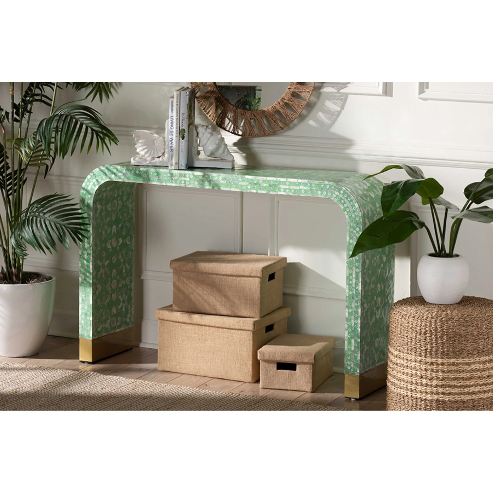 Baxton Studio Didrika Wood & Mother of Pearl Console Table in Seafoam Green