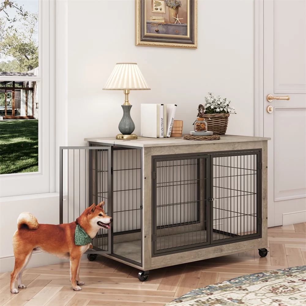 Lausatek Double Doors Wire Wood Dog Kennel Indoor with Divider Panel,Wooden Dog Crate Furniture,Dog Crate End Table with Tray,Pet Crate Table Cage for Dogs