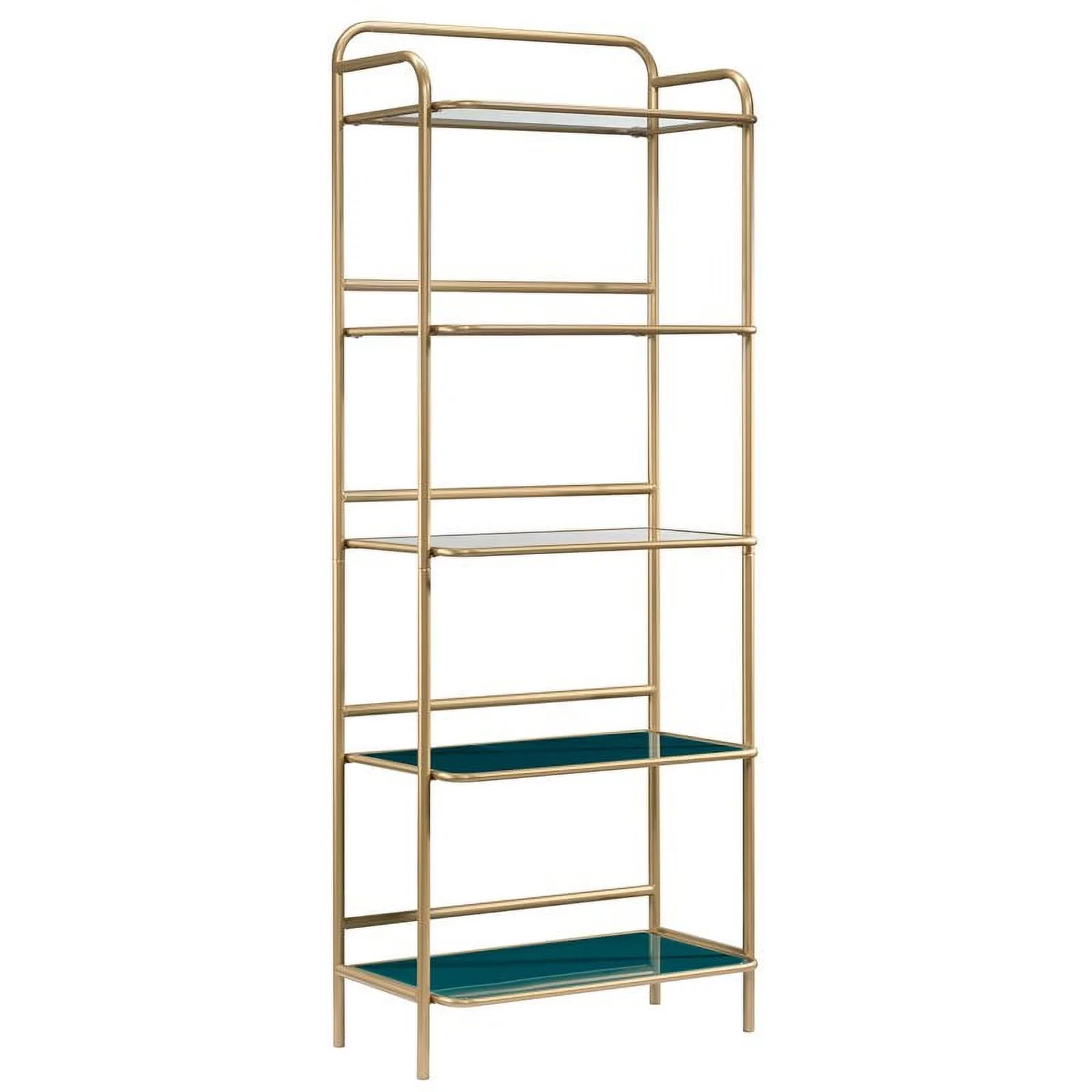 Pemberly Row 5-Shelf Modern Glass and Metal Bookcase in Gold