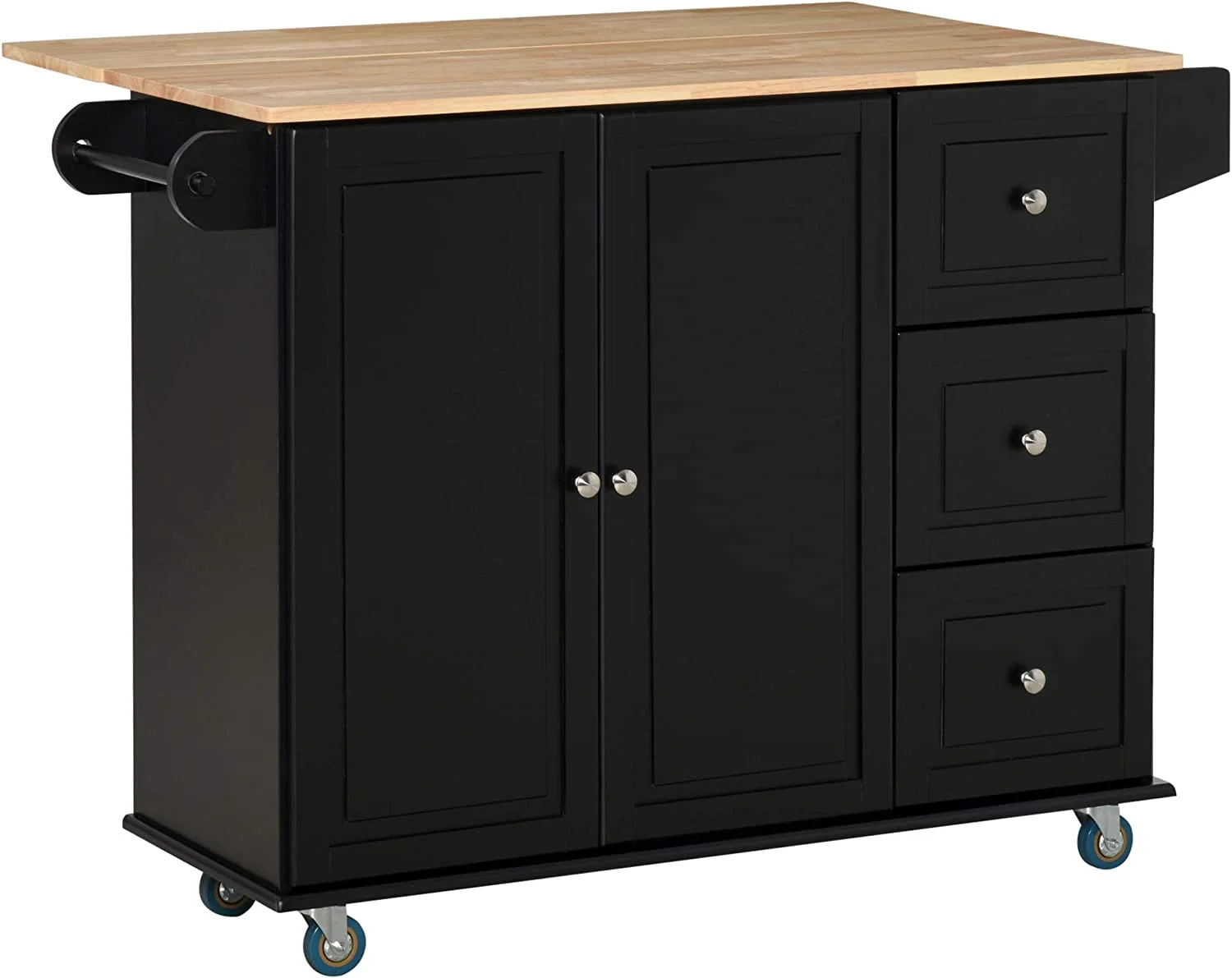 Mobile Kitchen Island With Drop Leaf, Storage Trolley Cart On Wheels, Towel/Spice Rack, 3 Drawers, 2-Door Cabinet, Black