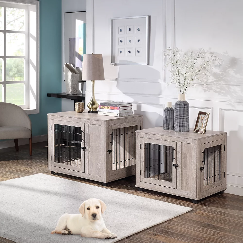 Unipaws Furniture Style Dog Crate, Wooden Wire Pet Kennels with Double Doors, Dog House Indoor Use, Weathered Gray