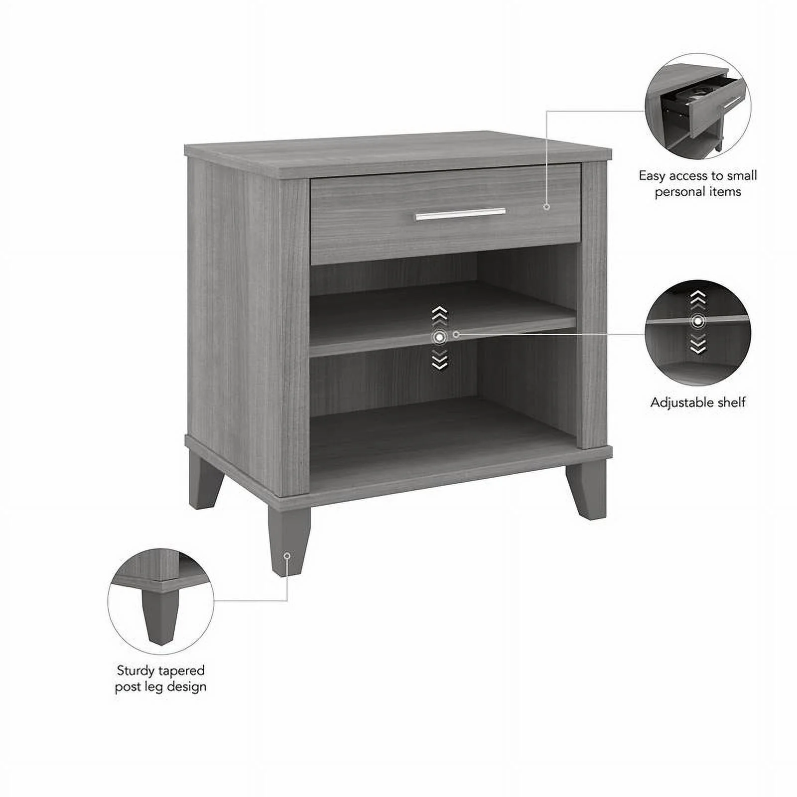 Pemberly Row Nightst& with Drawer & Shelves in Platinum Gray - Engineered Wood