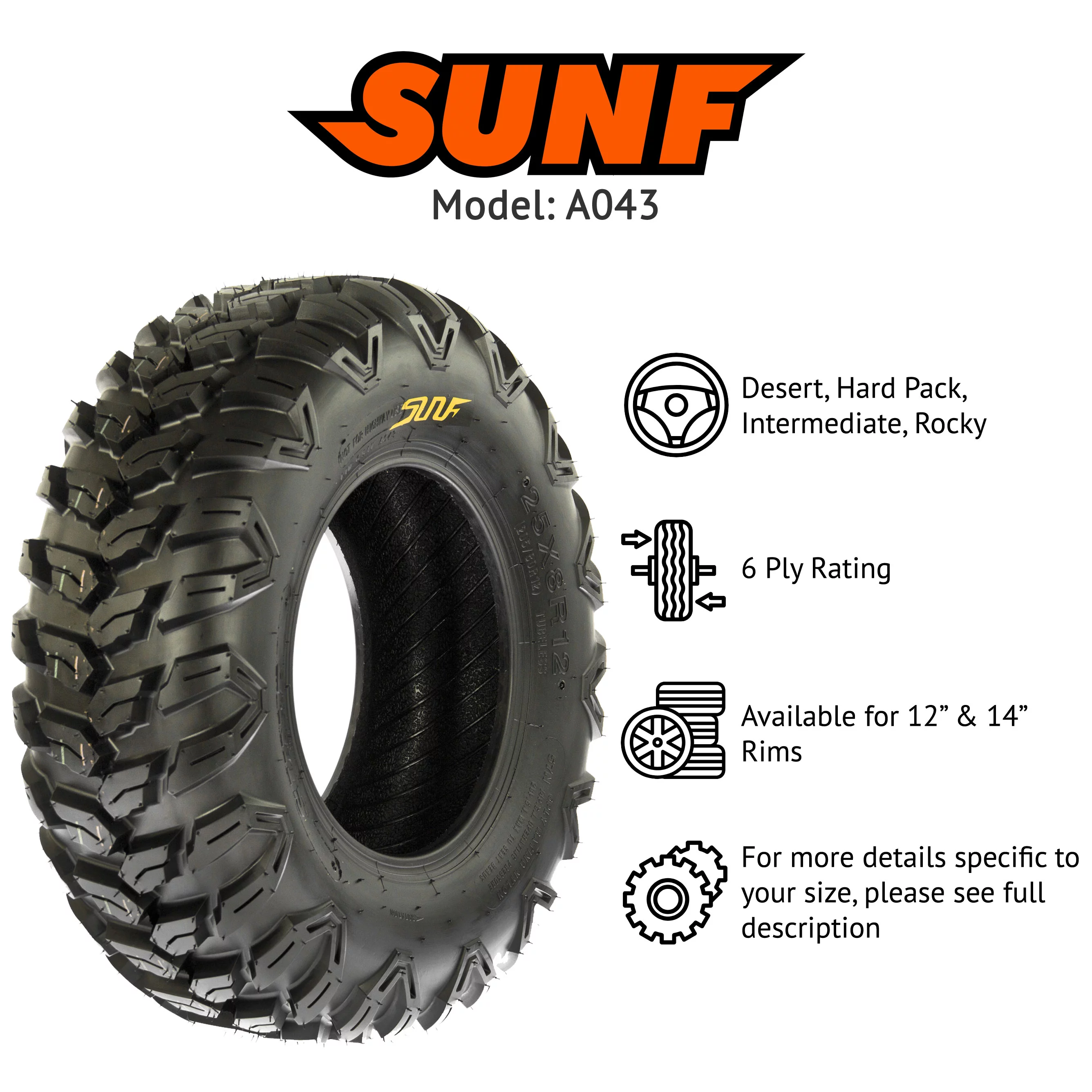 SunF All Terrain ATV UTV Tires 27x11R12 27x11x12 6 PR A043 (Single)