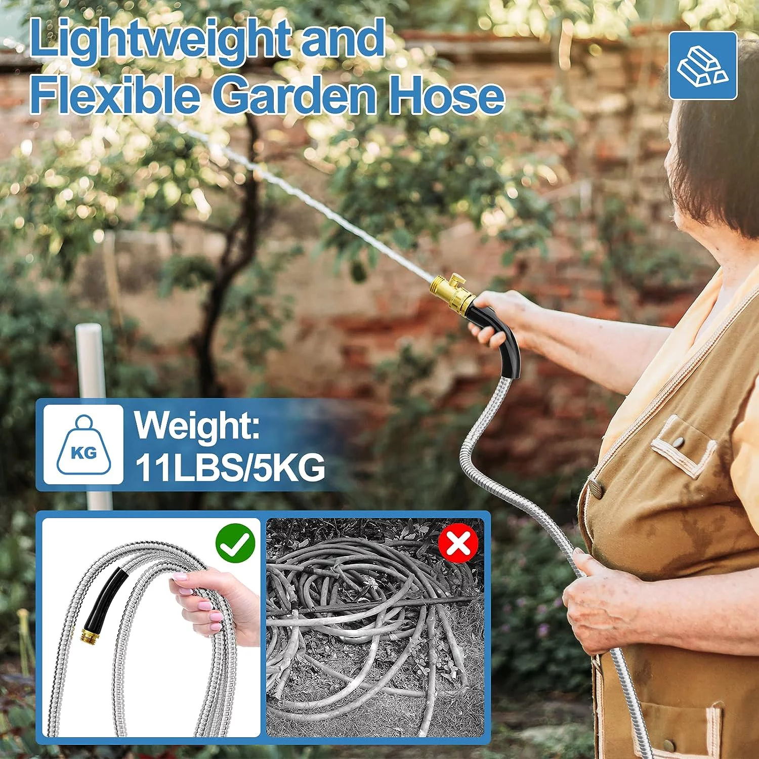 SPECILITE 100 FT Garden Hose, 304 Stainless Steel Metal Heavy Duty Flexible Water Hose, Collapsible, Kink Free, Durable, Lightweight Hose