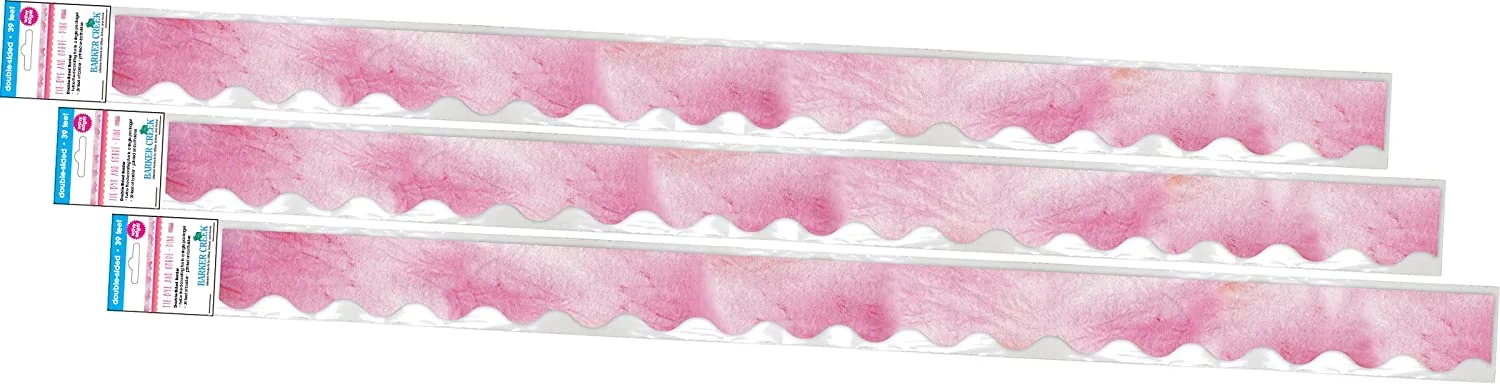 Barker Creek Double-Sided Scalloped Border 3-Pack, Pink Tie-Dye, Decorate Galore with 117' of Scalloped Border, Coordinating Designs Printed On Both Sides for Twice The Value, 2.25