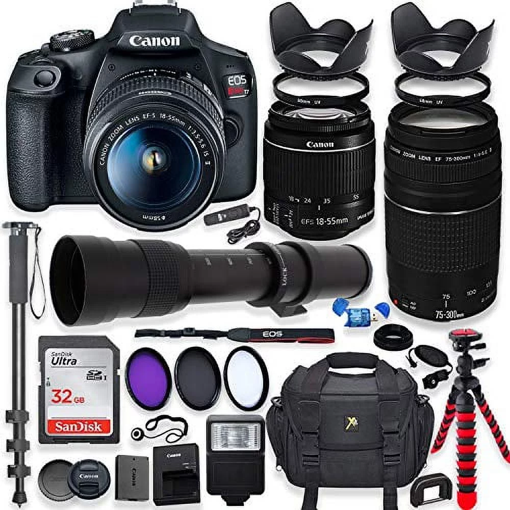 Canon EOS Rebel T7 DSLR, 18-55mm IS II, EF 75-300mm III, 420-800mm Preset Zoom Lenses, 32GB Memory, Filters, Spider Tripod - Professional Bundle