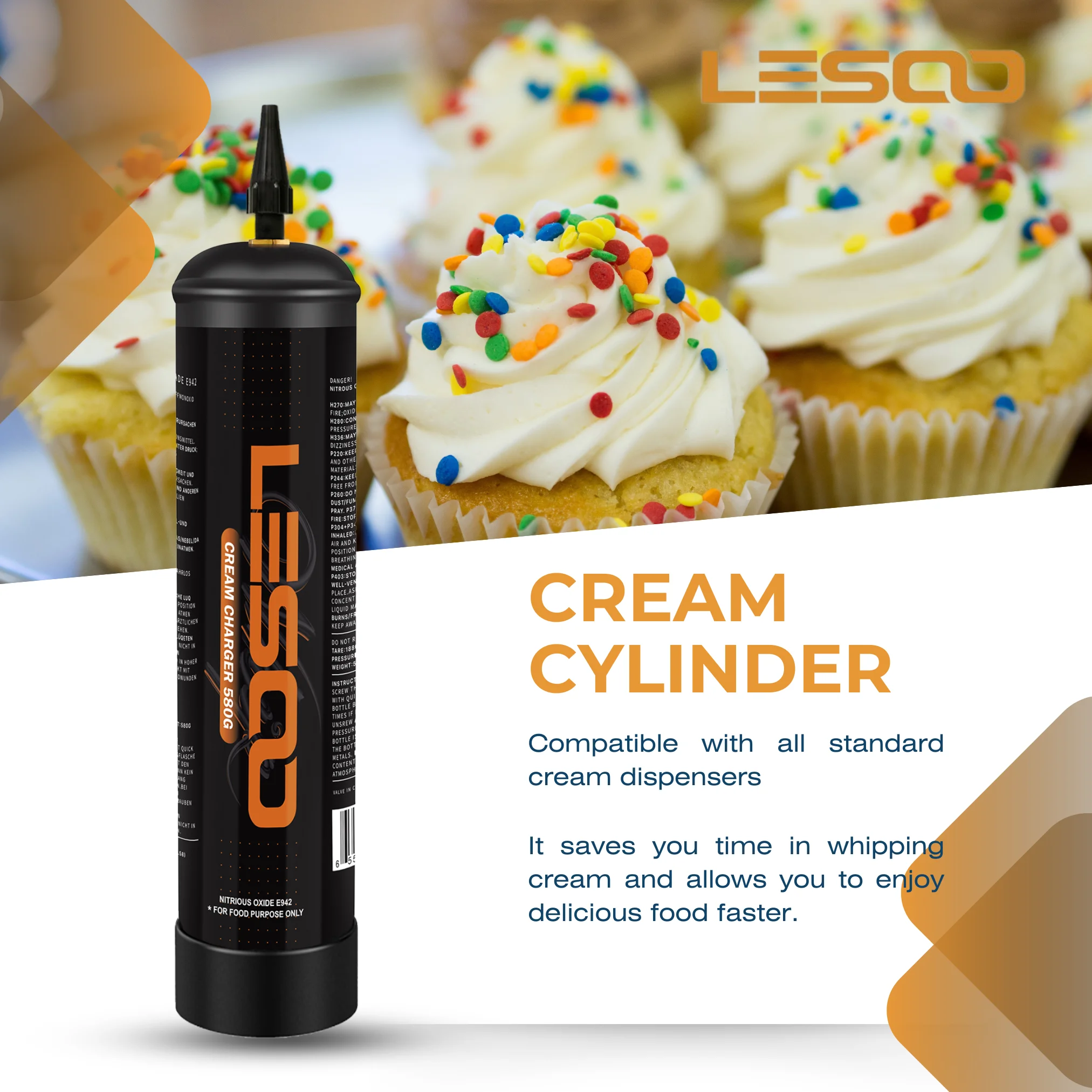 LesooWhip Whipped Cream Charger Pure 0.99L N2O Whip Cream Charger 615G Whipped Cream Cartridge ( 5 Cylinders)