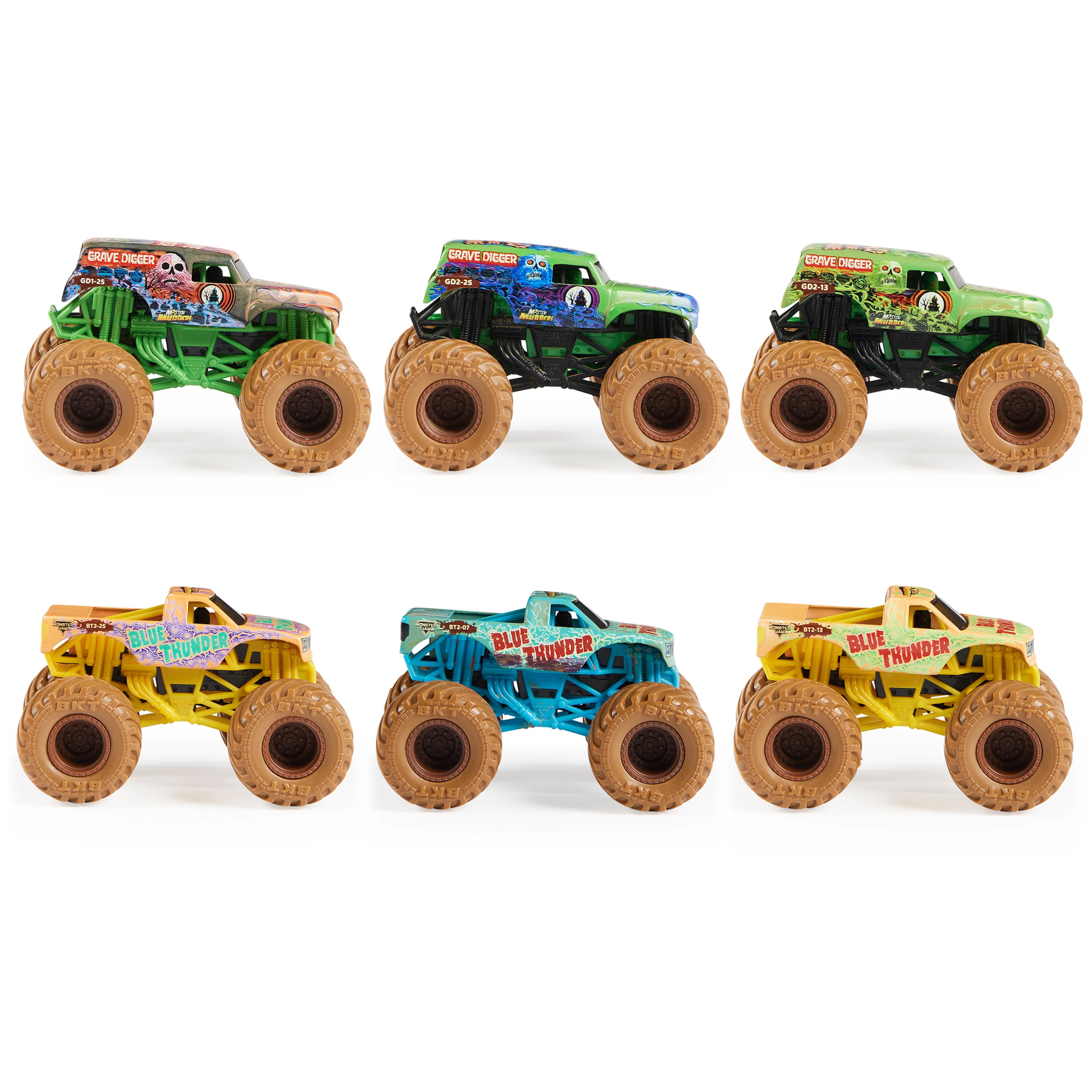 Monster Jam, Mystery Mudders 2-Pack Monster Trucks, Official  1:64 Grave Digger and Blue Thunder Die-Cast Vehicles,  Wash to Reveal (Styles Will Vary)