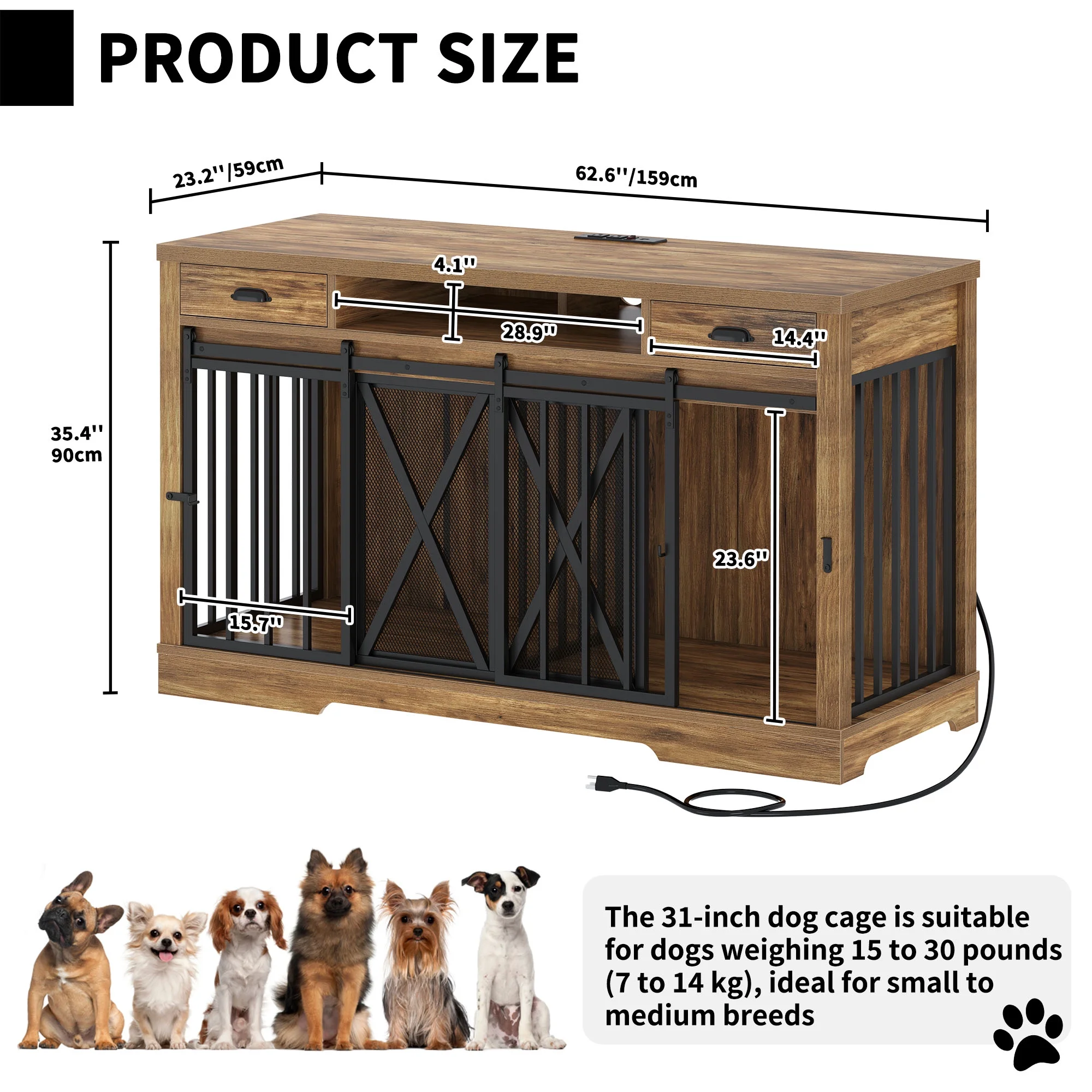 DWVO Large Dog Crate Furniture TV Stand with Charging Station, 63in Rustic Heavy Duty Metal Wooden Dog Crate and Kennel for Small Medium Large Dogs