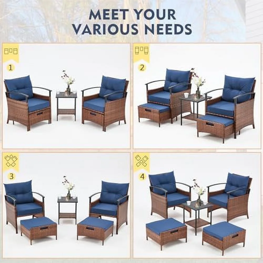 HOOMHIBIU 5 Pieces Patio  Set  Outdoor Rattan Chairs with Tempered Glass Coffee Table  Ottomans & Soft Cushions  Wicker Conversation  for Garden  Deck  Balcony  Poolside(Khaki)