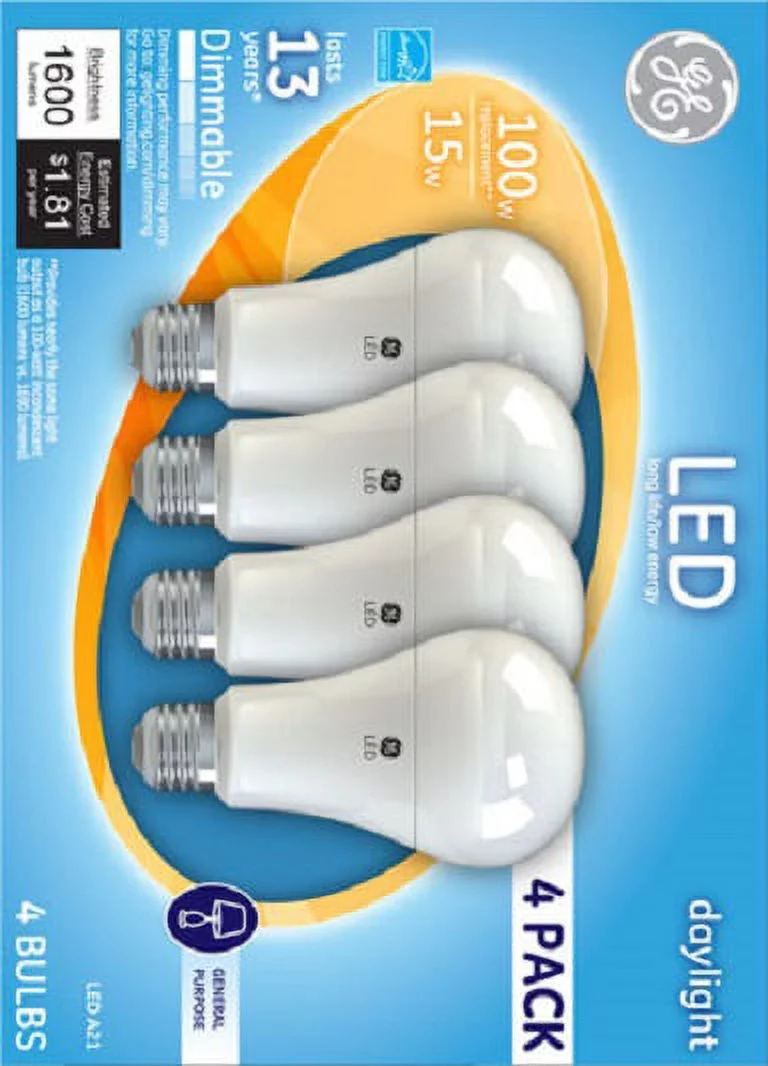 GE LED 17W Daylight General Purpose, A21 Medium Base, Dimmable, 4pk Light Bulbs