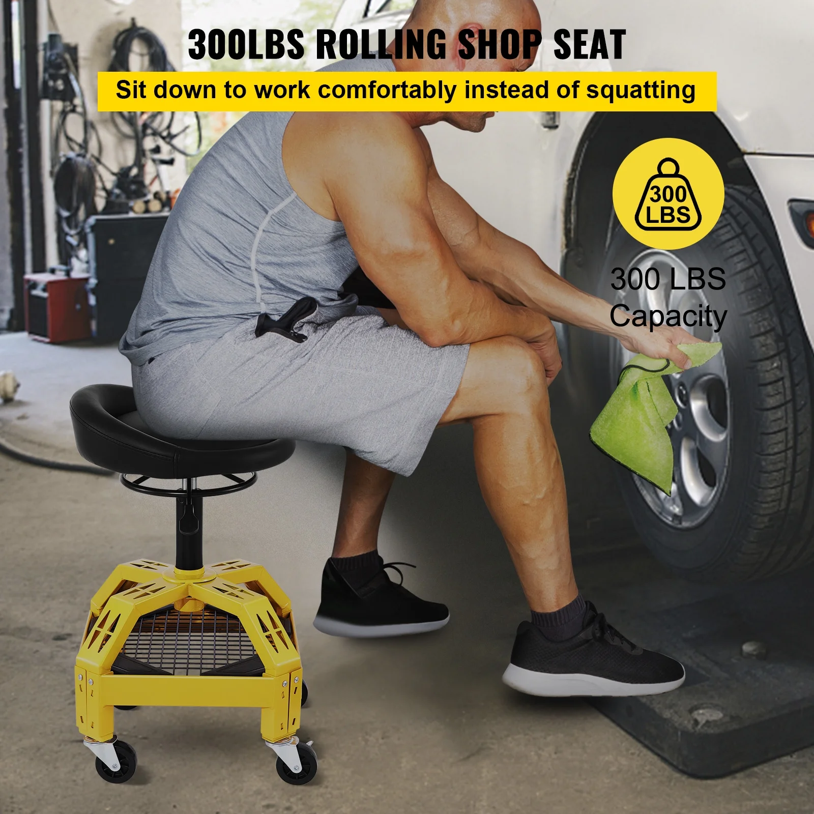 SKYSHALO Rolling Garage Stool 300 lb Adjustable Machine Shop Seat with Casters
